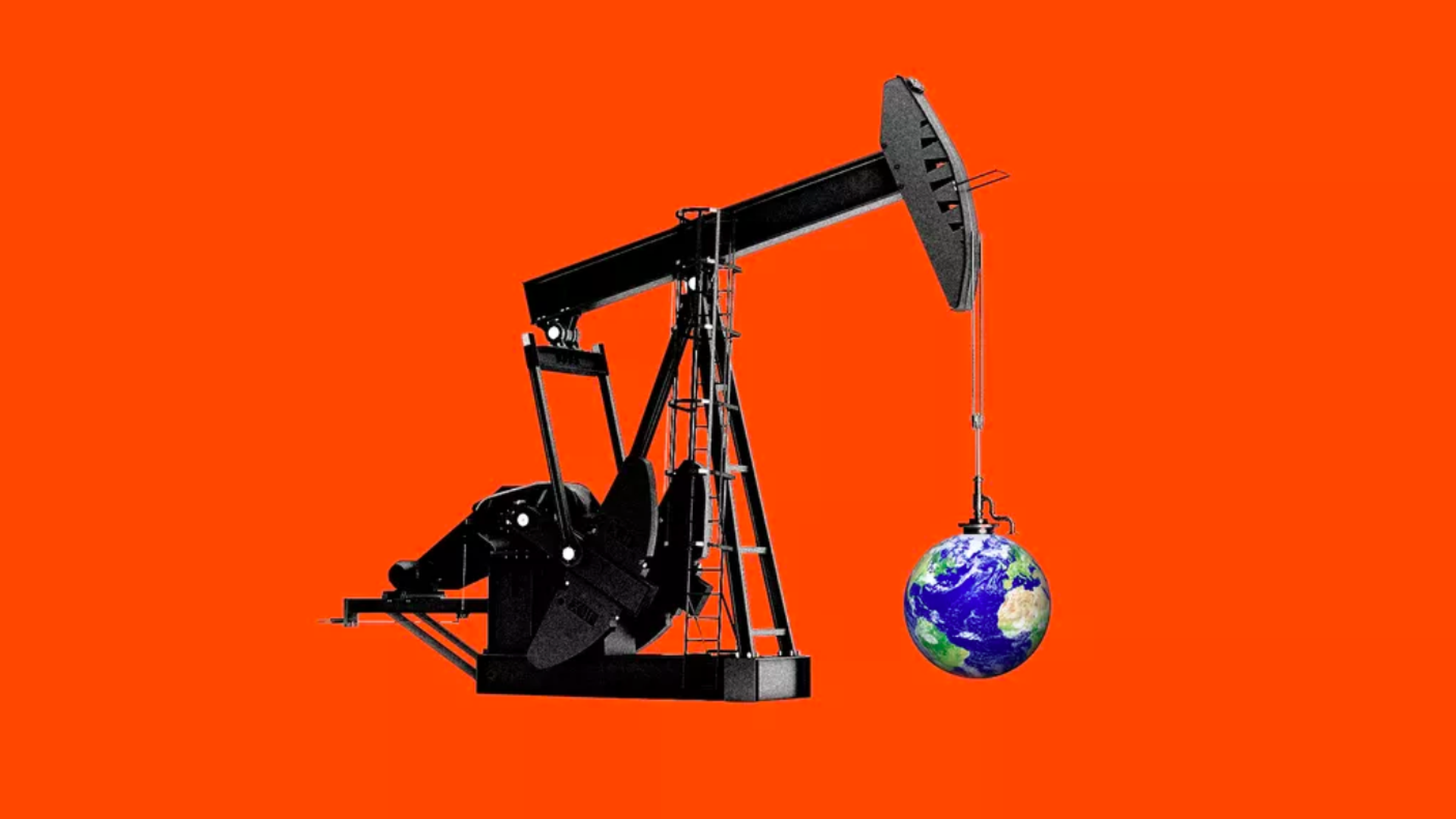 In this illustration, an oil rig hauls an Earth.