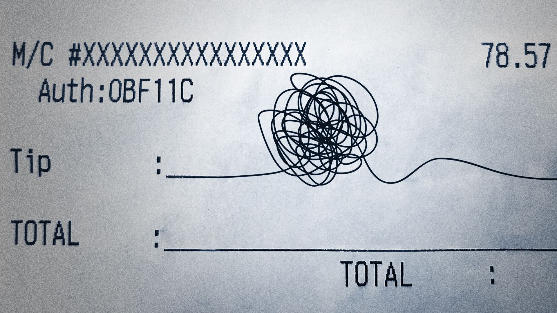 Illustration of a receipt showing payment details, a scribble where a tip amount would be, and an amount of 78.57 printed on light gray paper.