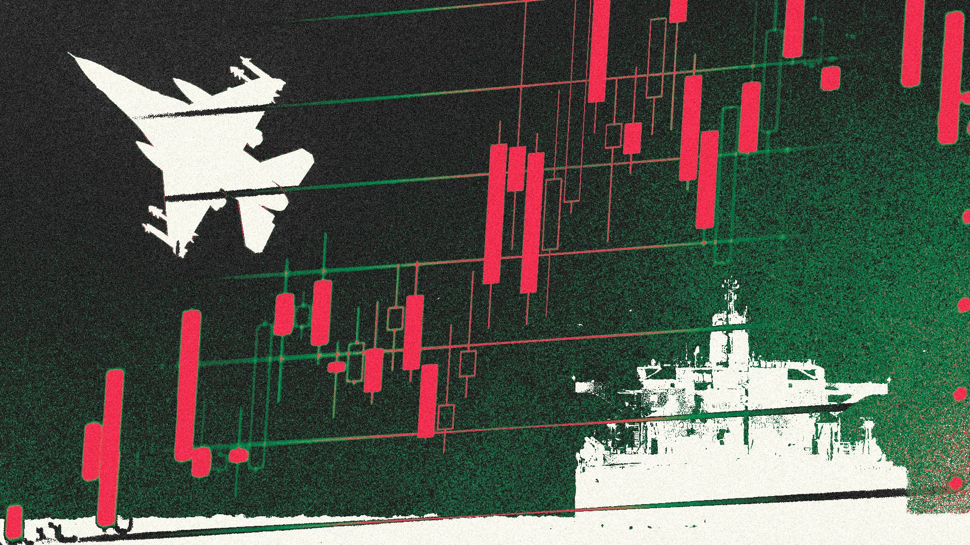 Photo illustration of a collage featuring a Volatility Index chart over silhouettes of a fighter jet and an oil tanker. 
