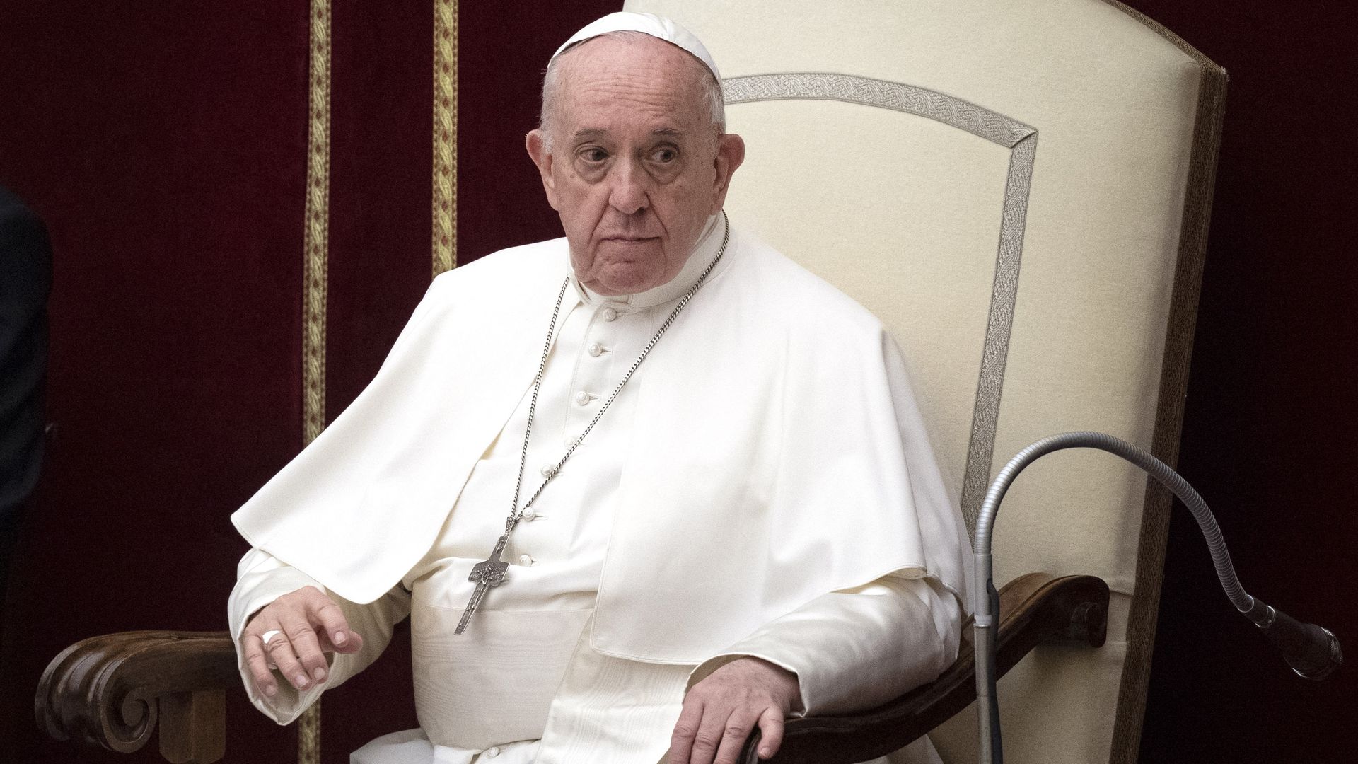 Pope Francis looks on during an audience with members of Catholic charity Caritas in Paul VI hall at the Vatican.