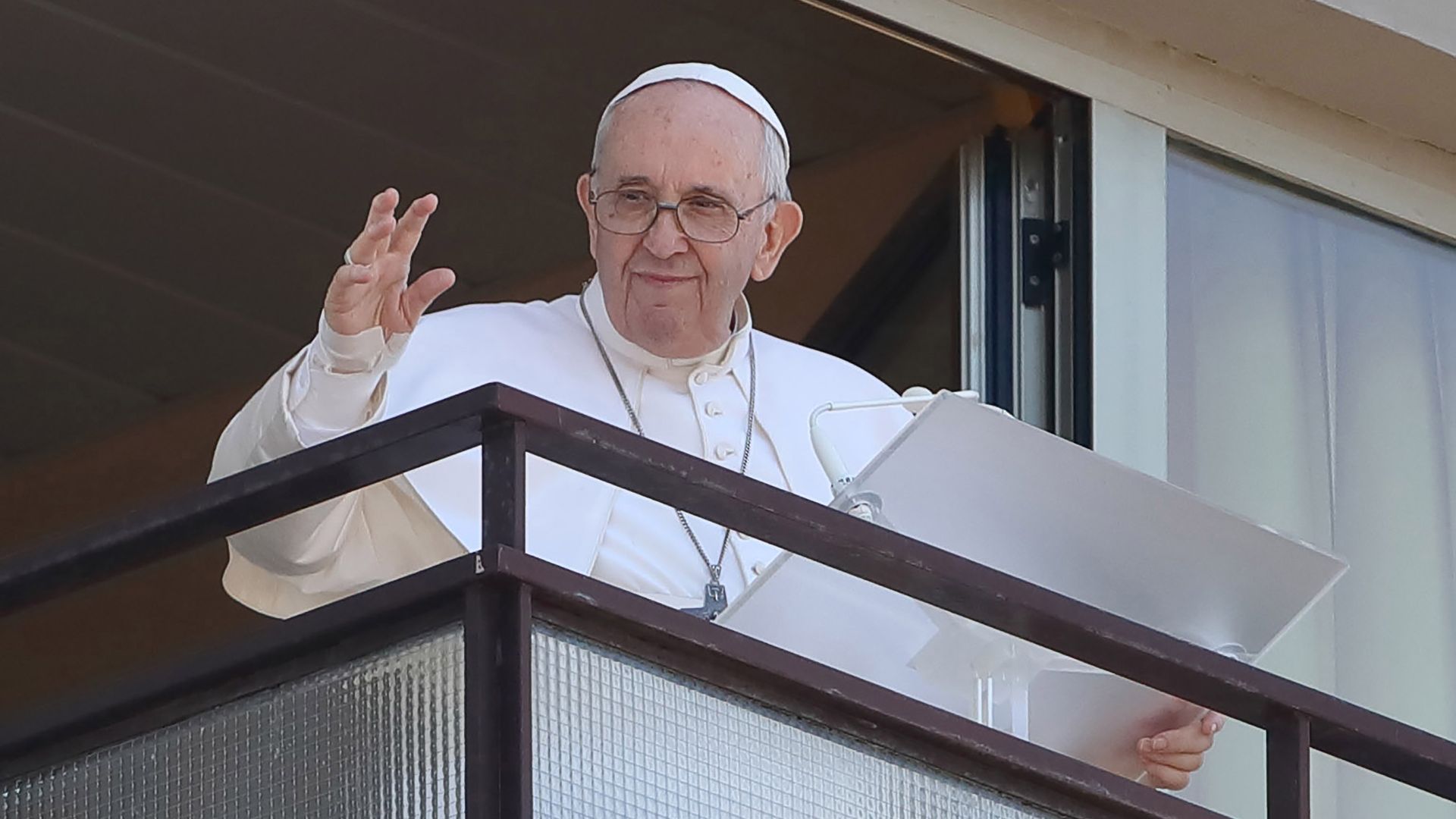 Pope Francis presides over the Angelus prayer from the balcony on the tenth floor of the Agostino Gemelli University Hospital,
