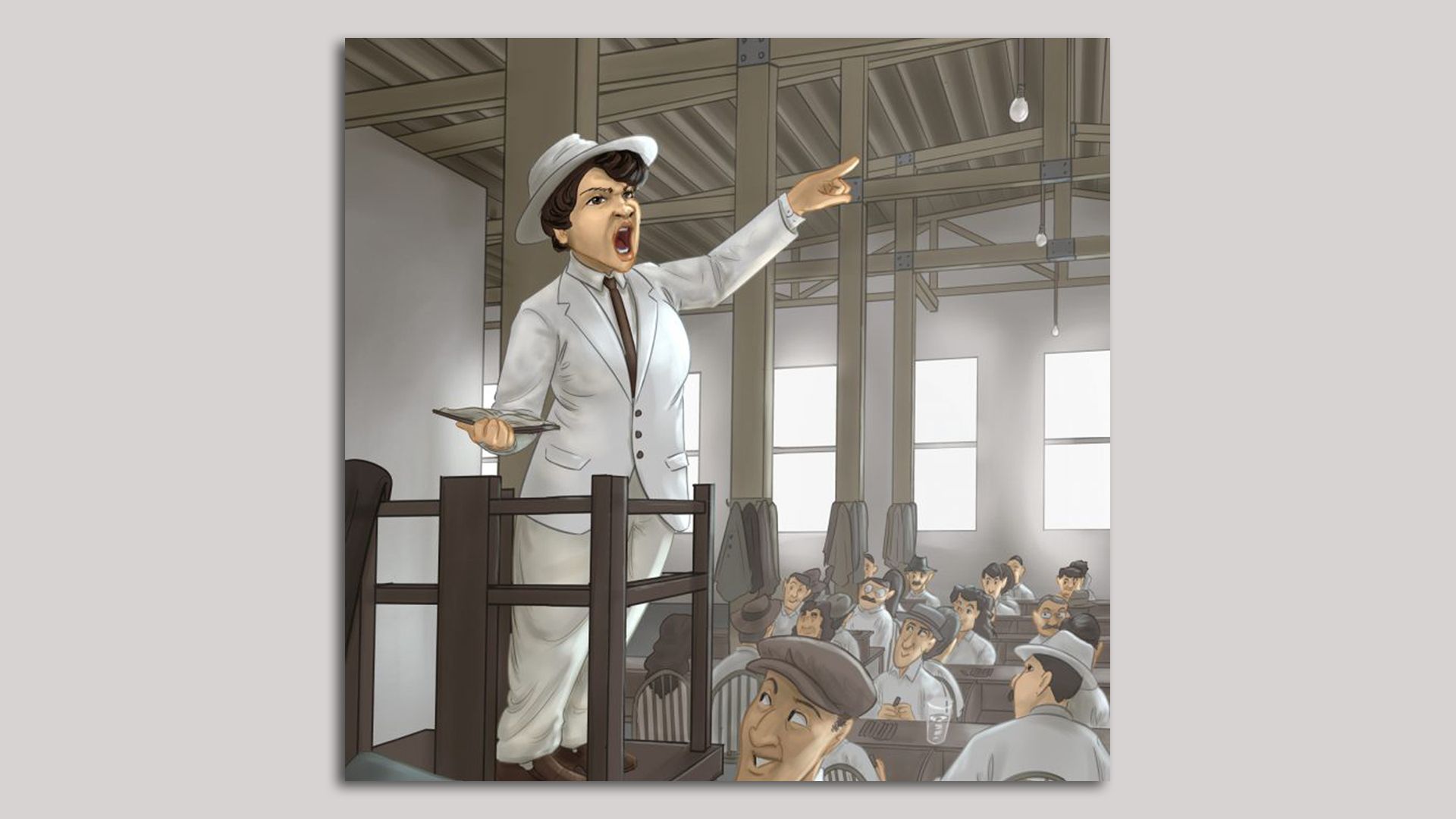 A cartoon of Luisa Capateillo wearing a white suit and speaking to cigar factory workers