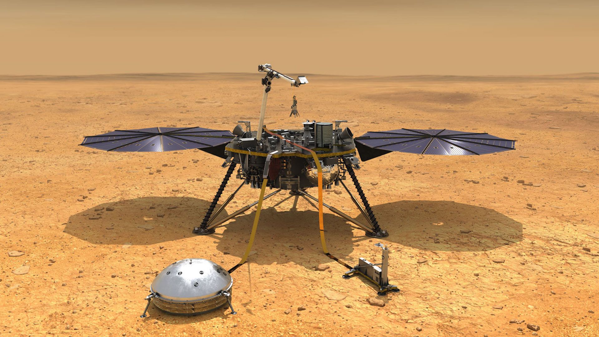 The Mars InSight lander as depicted in an illustration with its instruments deployed on the surface of Mars.