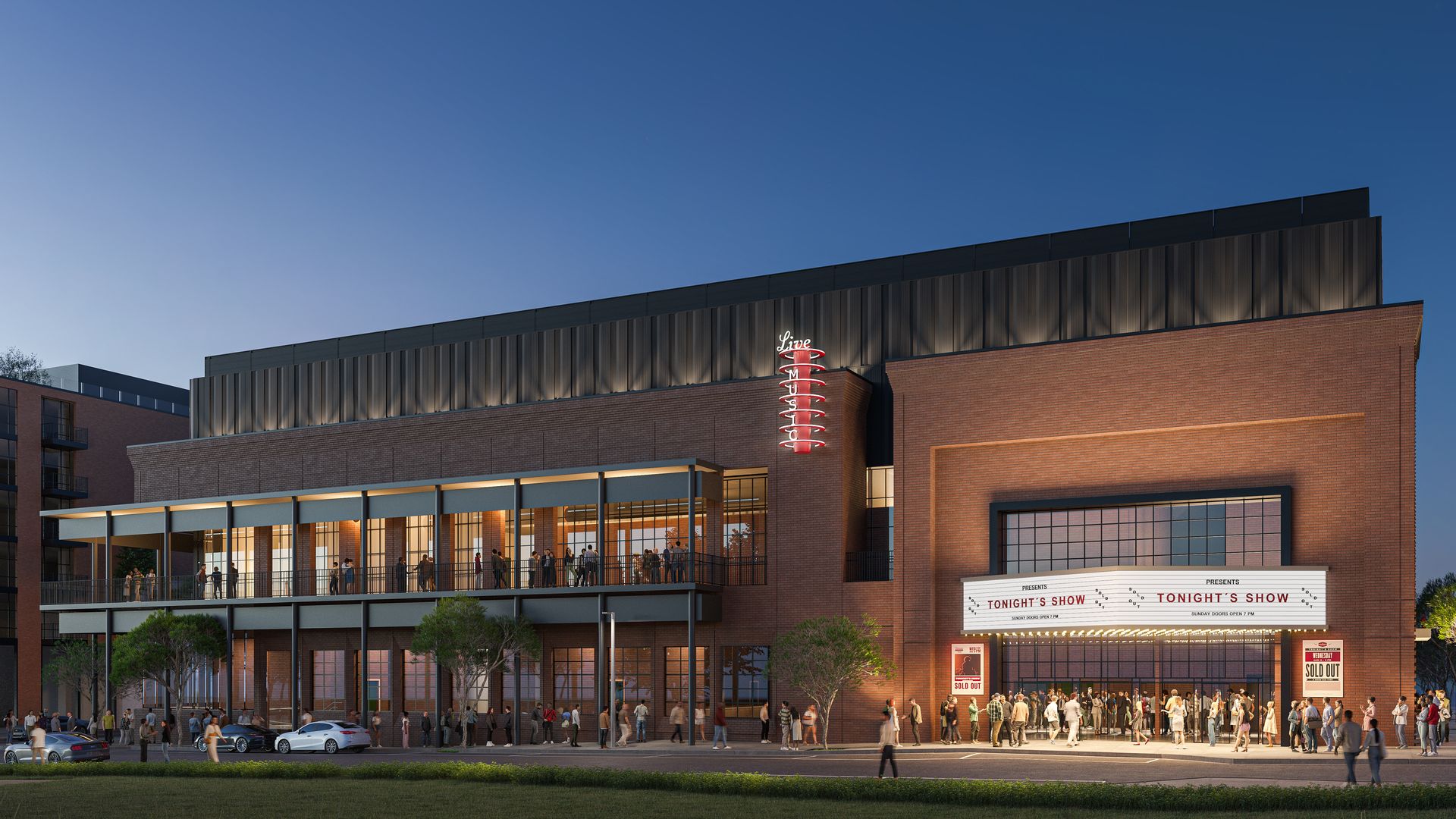 Brick theater at dusk with a lit marquee reading "TONIGHT'S SHOW." Ground-floor glass facade and a crowded second-floor balcony; a vertical red neon sign reads "Live Music."