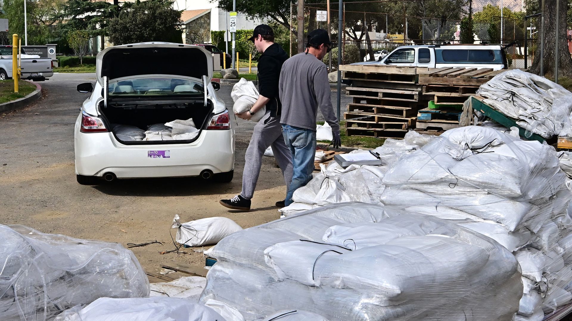 A photo of sandbags arrayed in a line as a man carries some into the trunk of his car, preparing for a storm. 