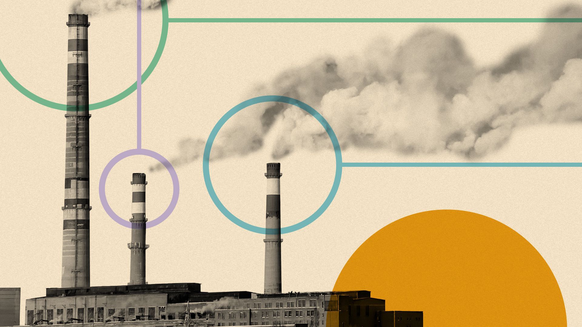 Illustration of a power plant with shapes circling and pointing at the smokestacks