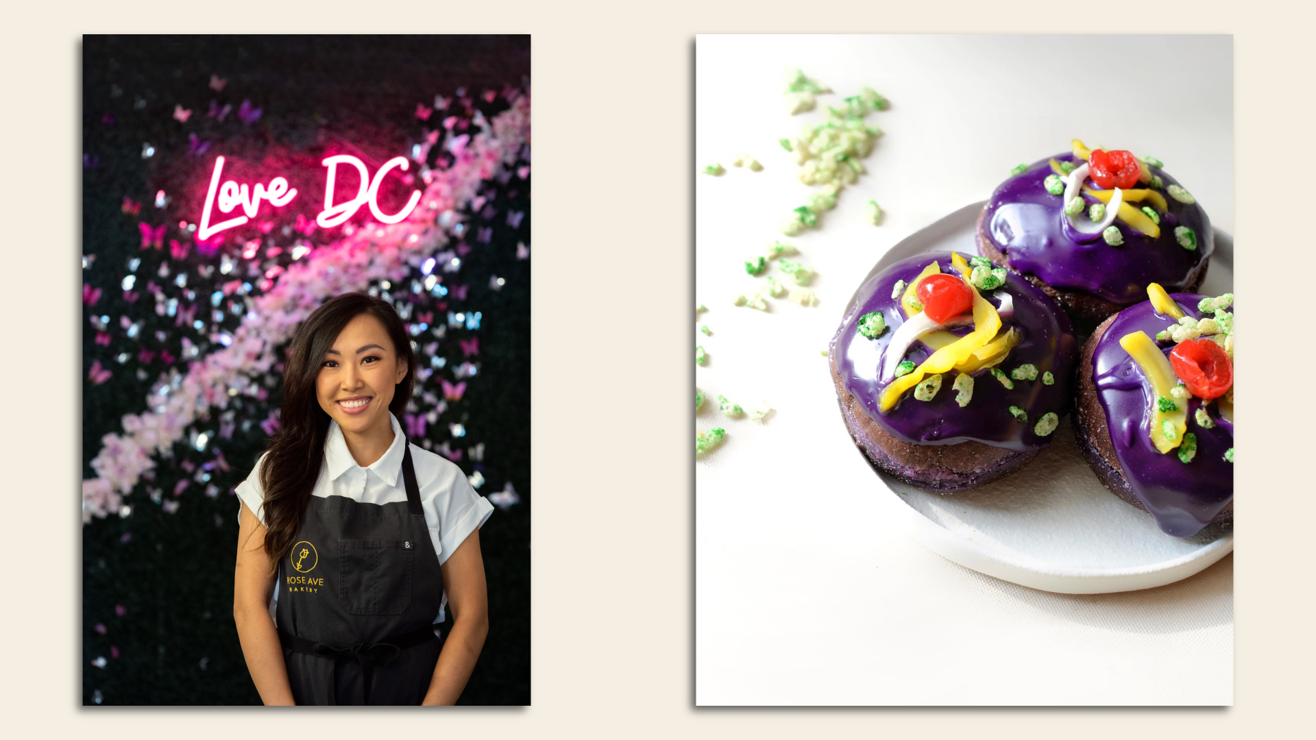 Pastry chef Rose Nyugen (left) and ube purple doughnuts with decorative candied citrus and cherries