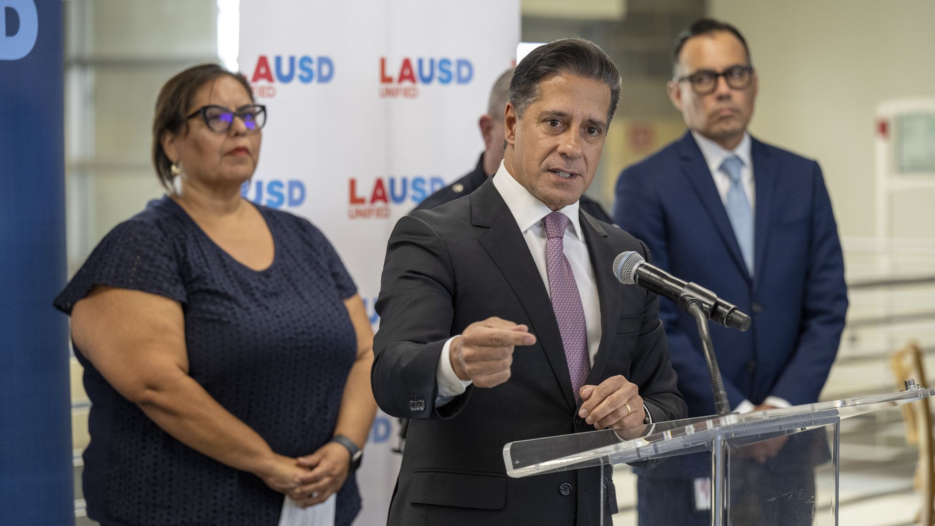 Los Angeles Unified School District Superintendent Alberto Carvalho speaks during a news conference at Miguel Contreras Learning Complex in Los Angeles Thursday, September 22.