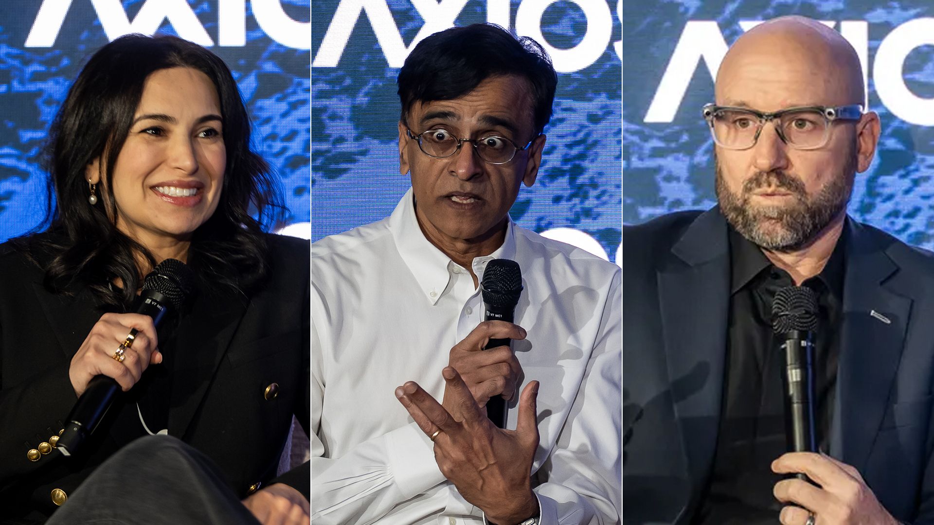 Three people speaking into microphones at an event. Left: woman with dark hair wearing a black outfit smiling. Center: man with glasses and white shirt speaking expressively. Right: bald man with glasses and beard wearing dark suit.