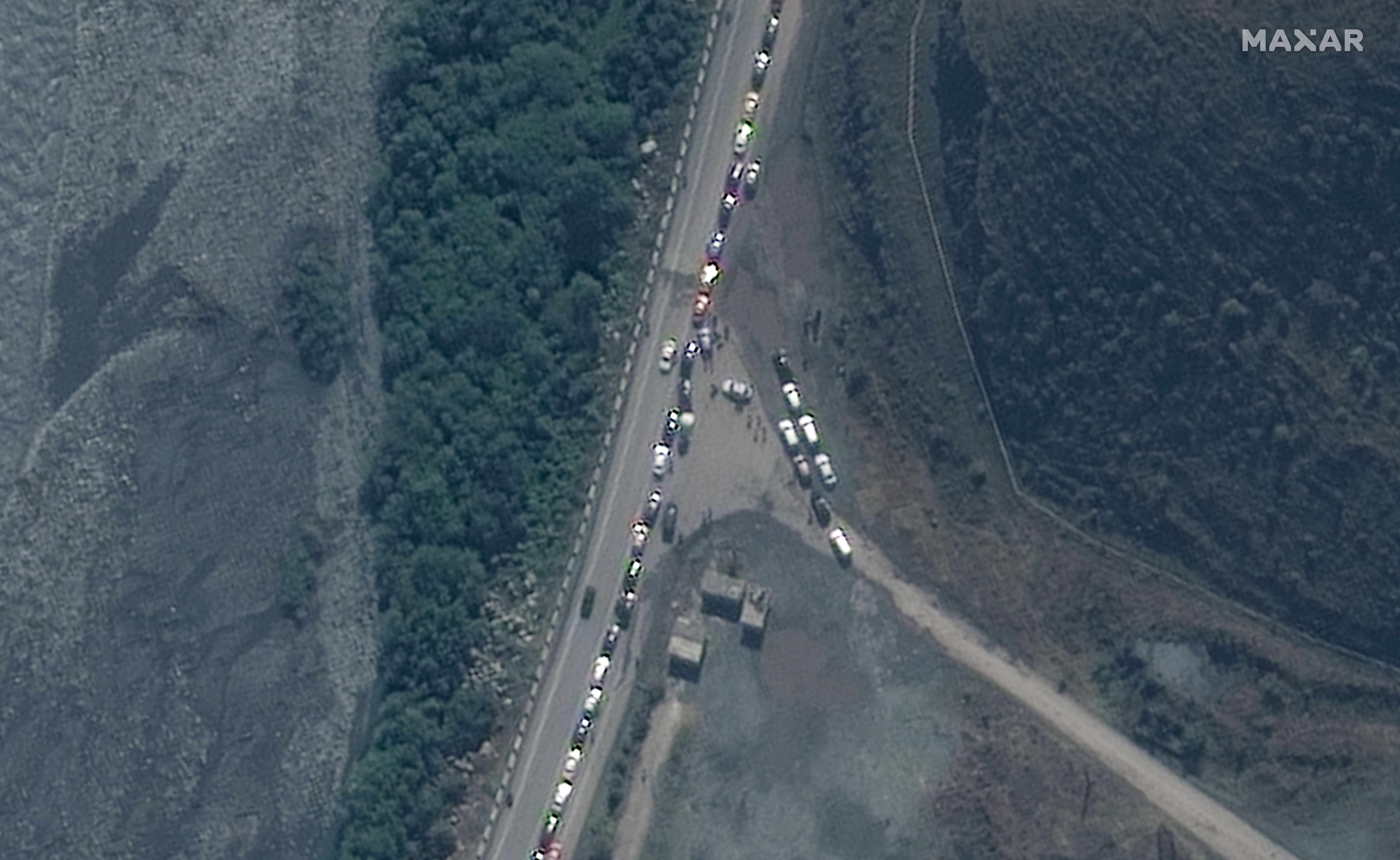 Close up view of traffic jam near Russia border with Georgia. 