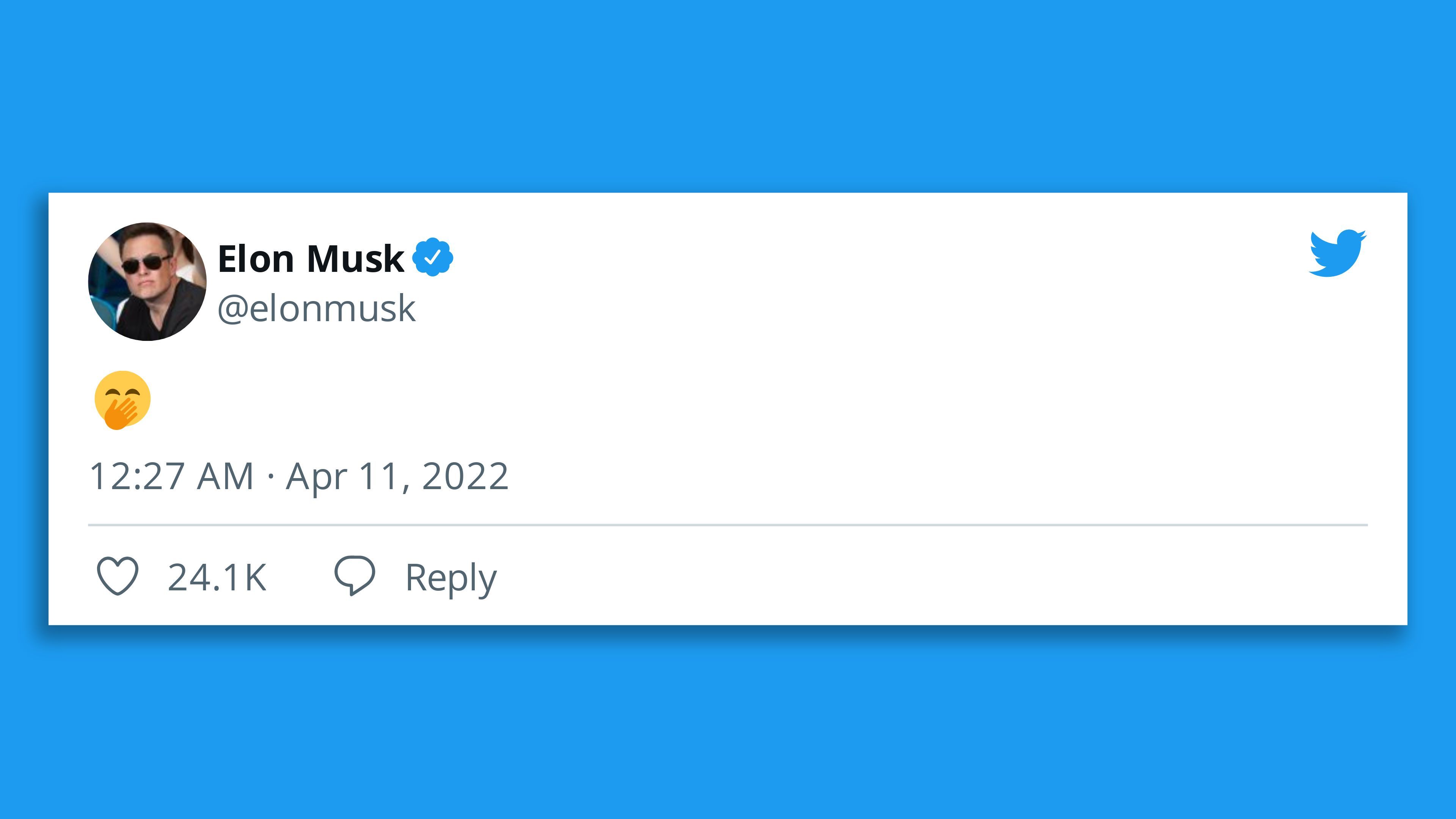 Elon Musk's tweet of a face emoji with the hand over its mouth.