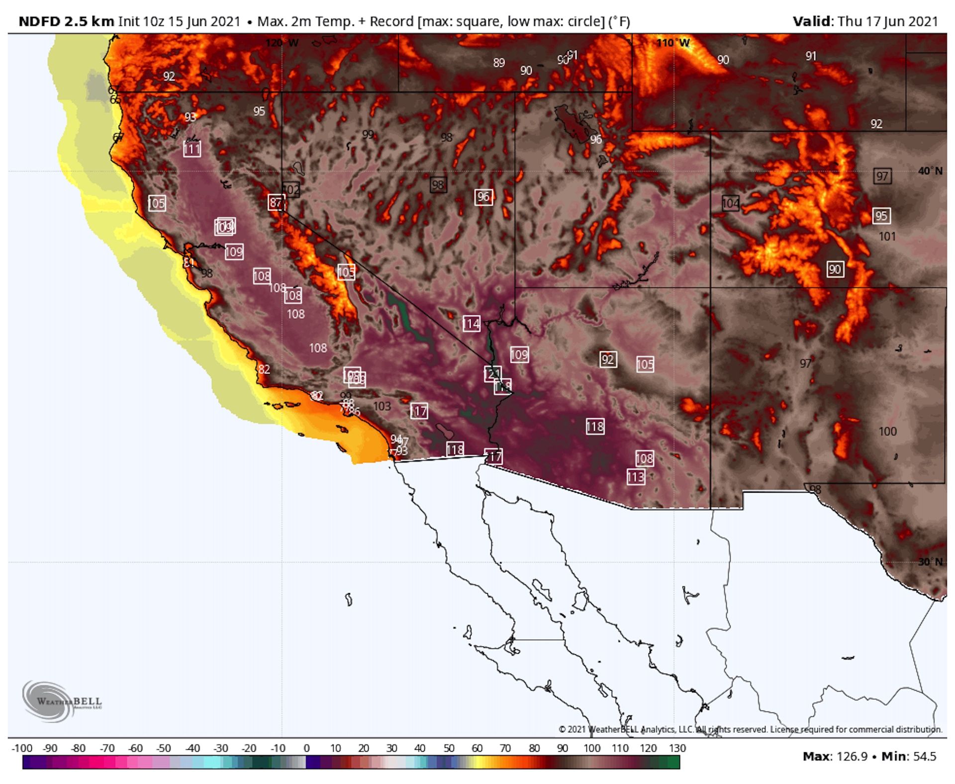Weather map showing record heat, in red colors, across the Southwest.