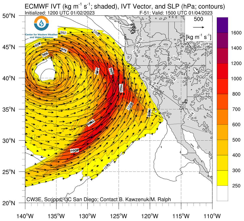 Computer model projections of water vapor delivered to the West Coast on Wednesday morning.