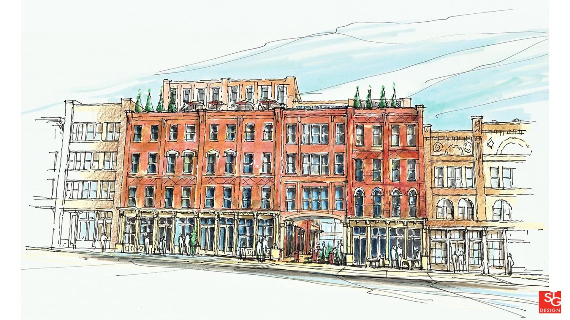 A rendering shows plans to reconstruct buildings along Second Avenue. The rendering shows red brick buildings with an open courtyard in between.