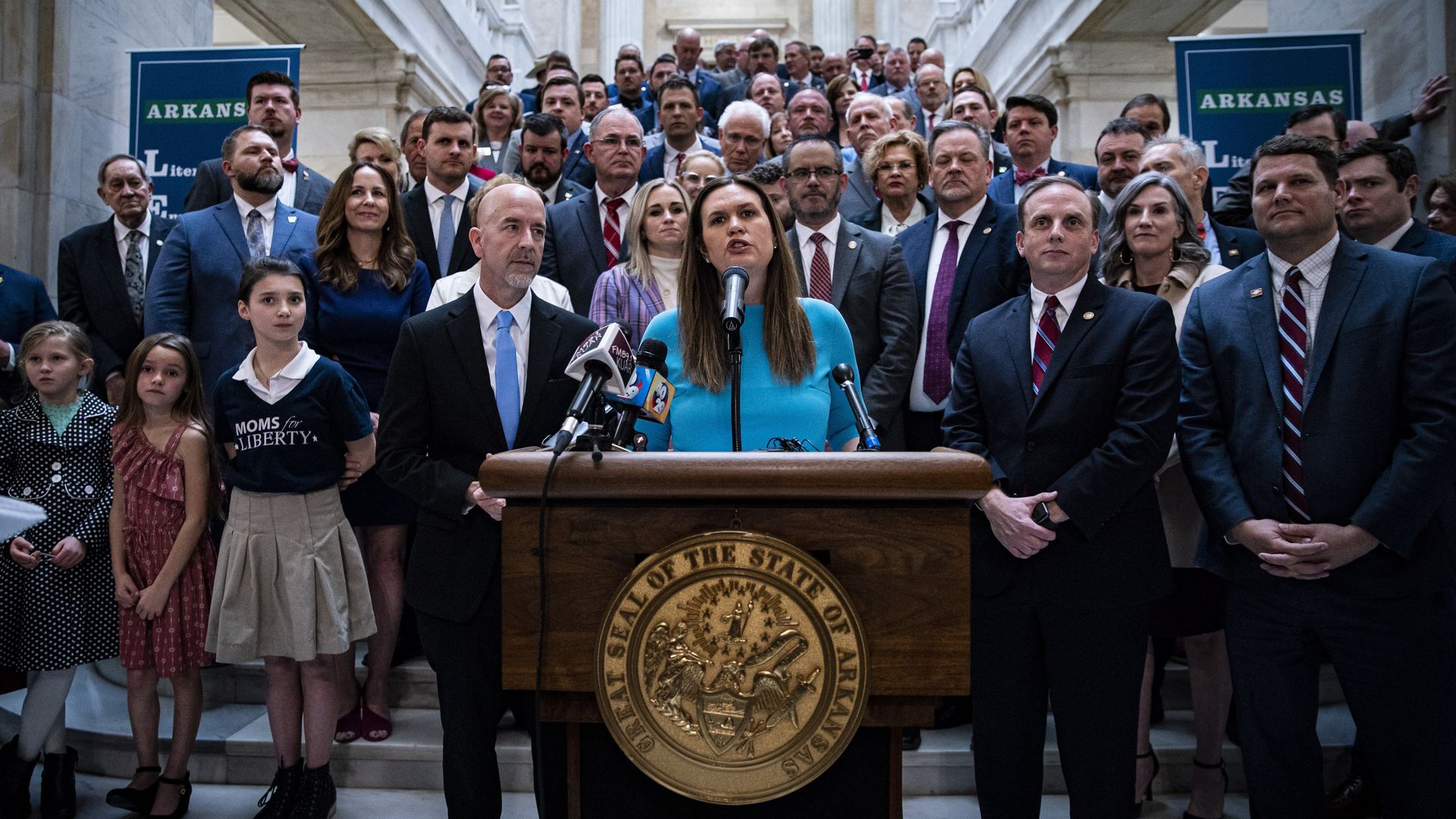Sarah Huckabee Sanders, governor of Arkansas, speaks while unveiling the Arkansas LEARNS education bill at the Arkansas State Capitol in Little Rock, Arkansas, US, on Wednesday, Feb. 8, 2023.