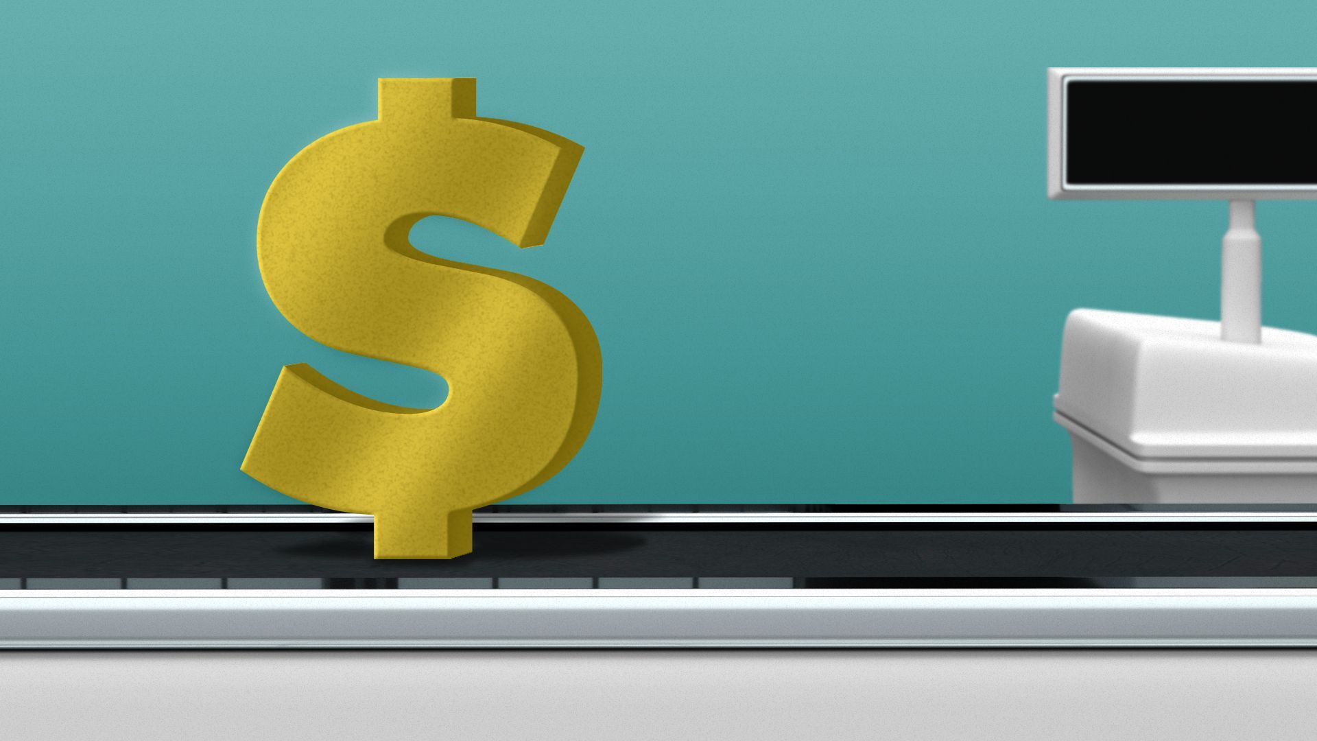 Illustration of a dollar sign on a grocery store checkout conveyor belt.