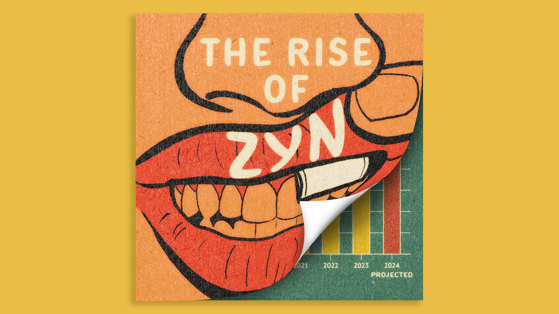 Illustration of a nicotine pouch under an upper lip with the text: The Rise of ZYN.