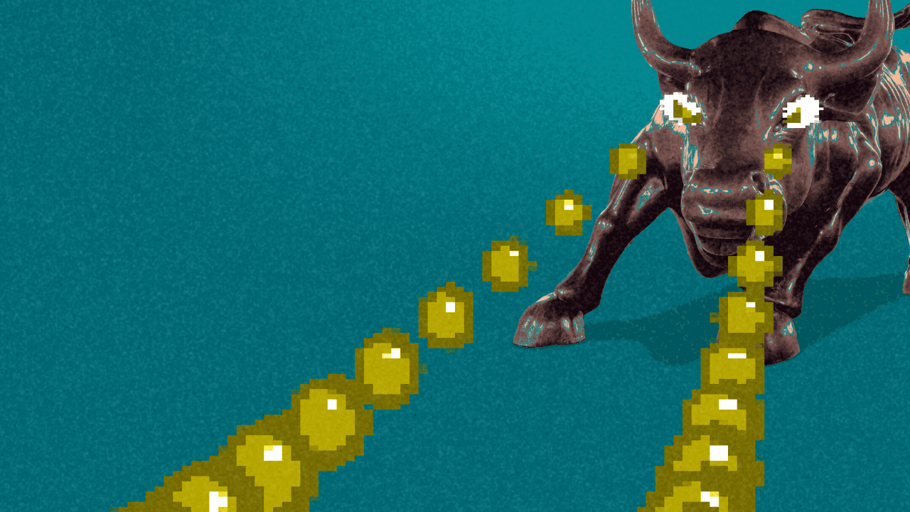 Animated illustration of the Wall St. bull statue shooting digital coins out of its eyes.