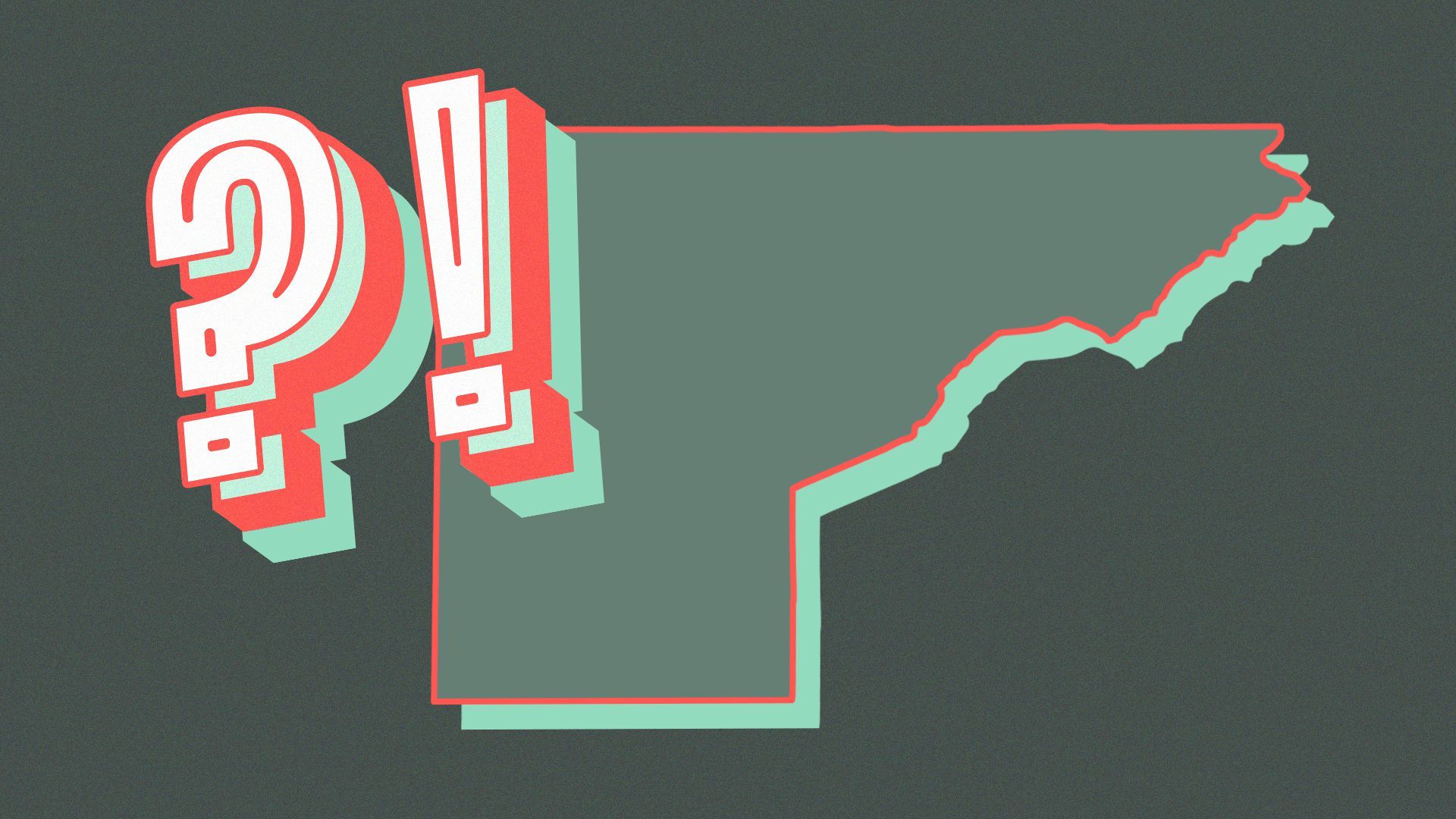 Illustration of the outline of Mesa County, CO and an interrobang.