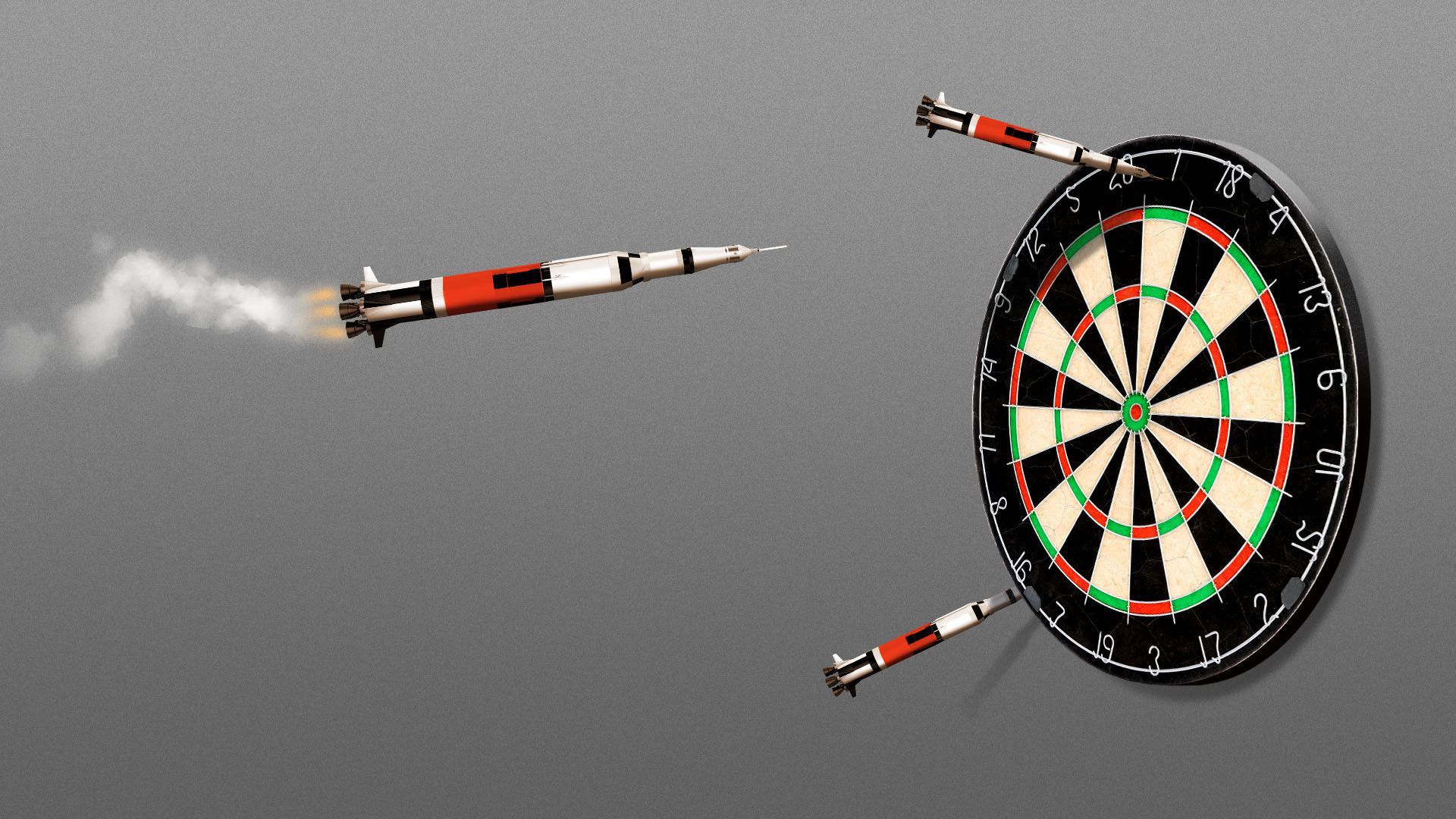 Illustration of a dart board and rockets. 