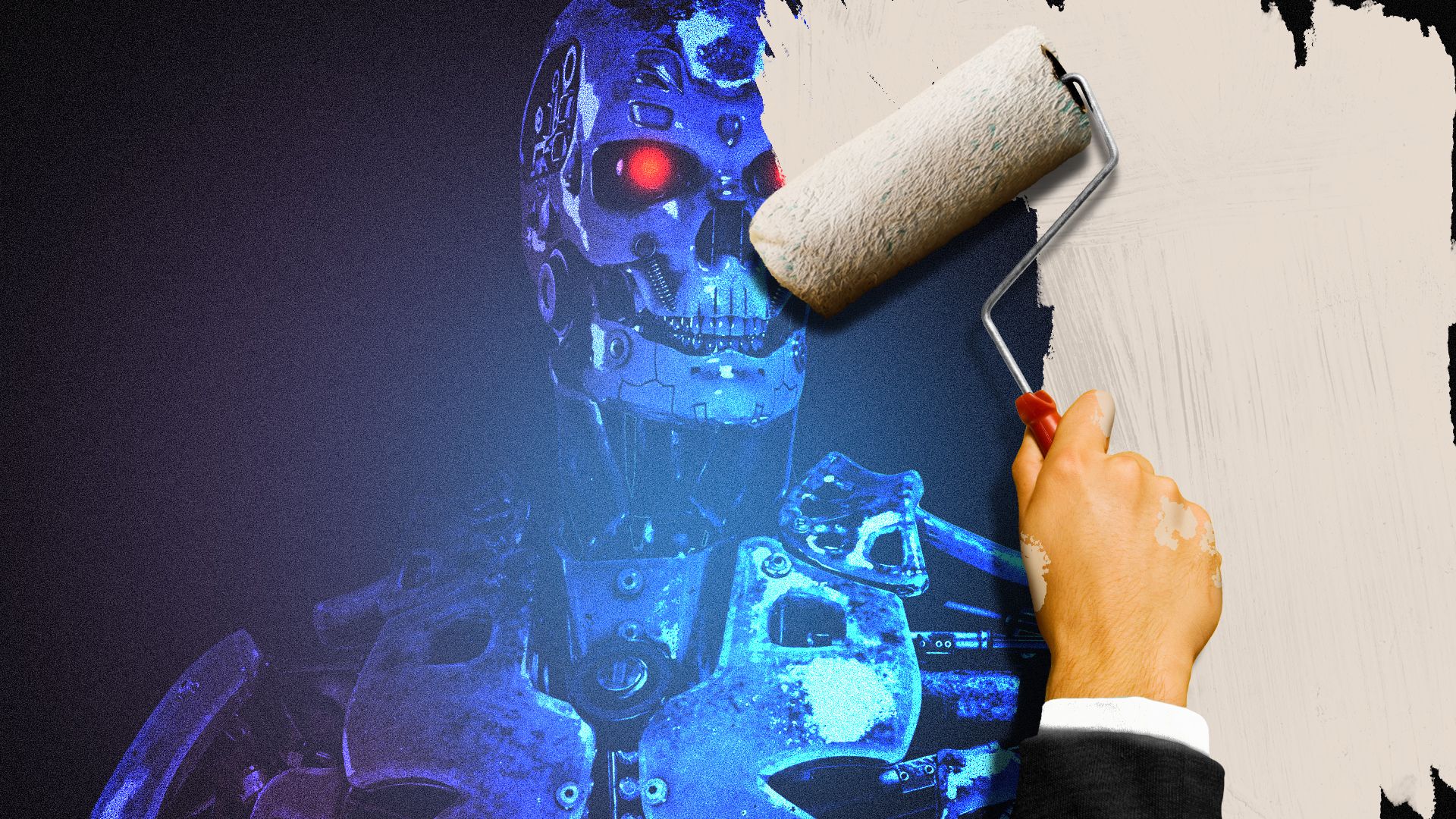 Illustration of an evil looking robot being painted over by a hand with a paint roller