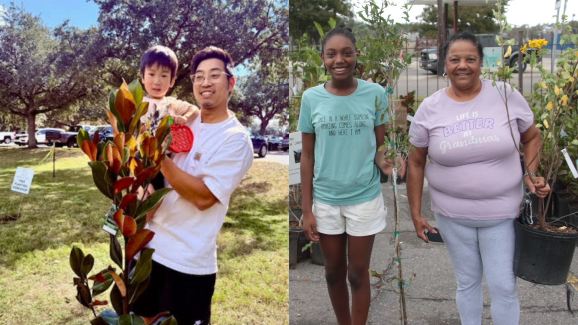 Two photos side by side: On the left, a man in glasses holds a child next to a small tree with glossy green and brown leaves in a park. On the right, two smiling females hold young trees in pots.