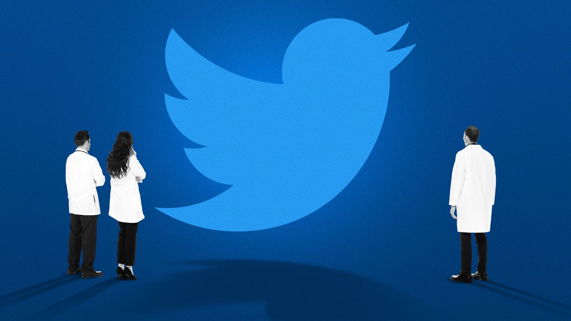 Illustration of scientists studying the twitter logo on a blue background.