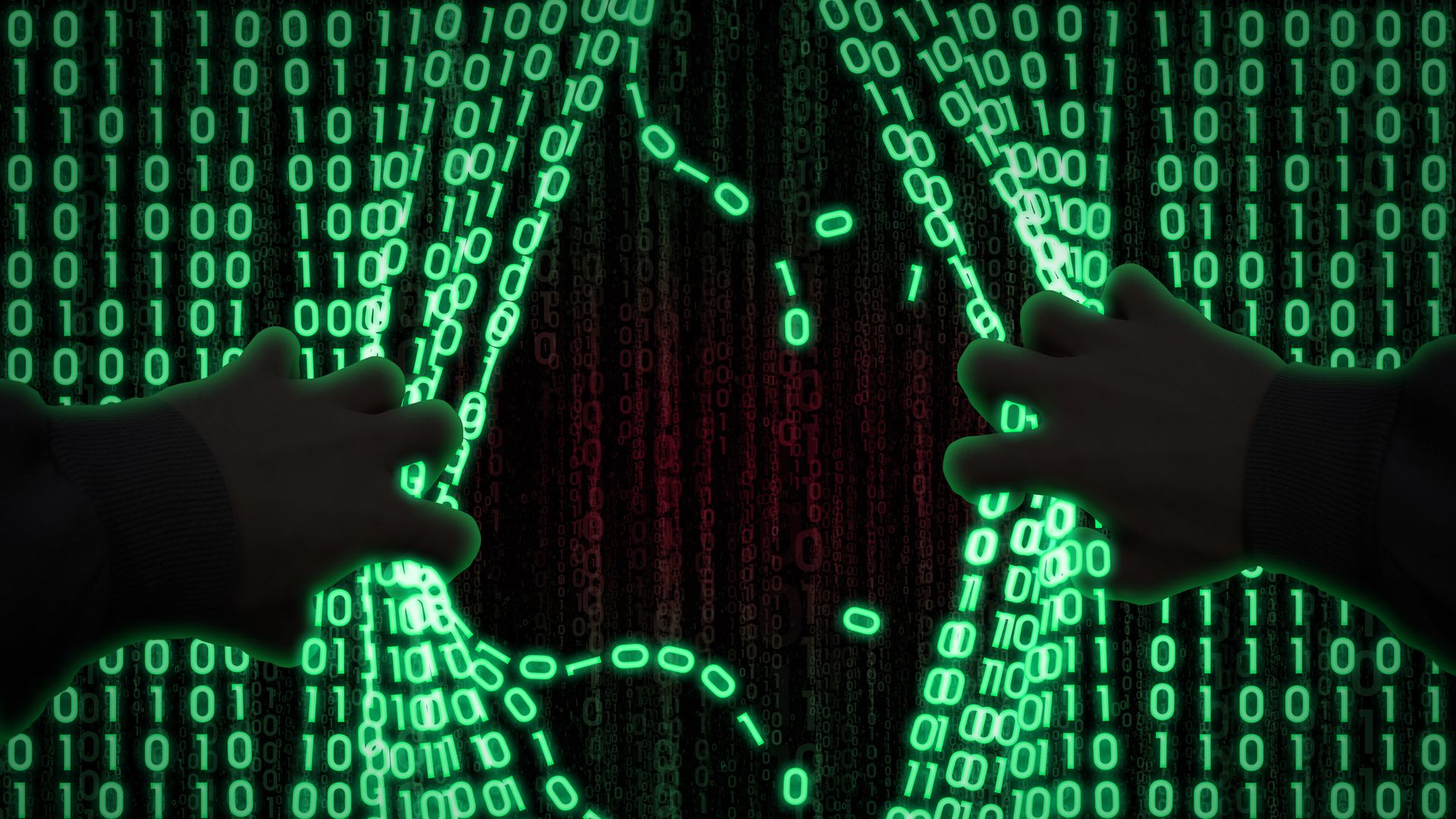 Illustration of a hacker breaking binary data
