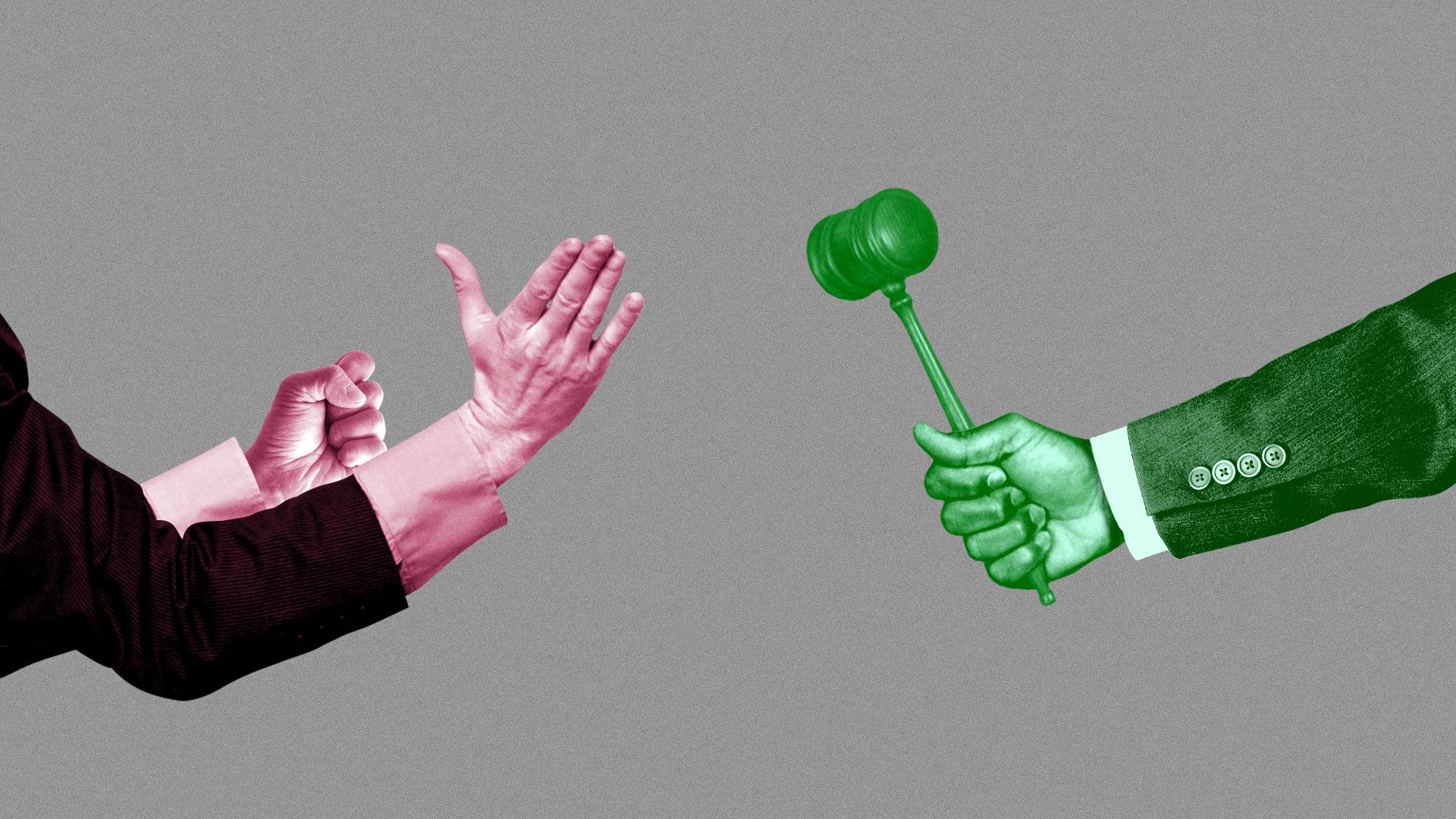 Illustration of Karate hands vs hands with a gavel