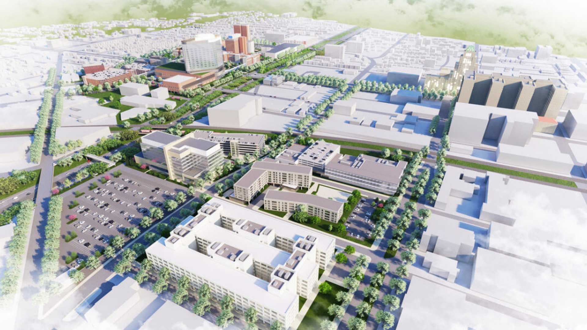 An overhead view of the new buildings.