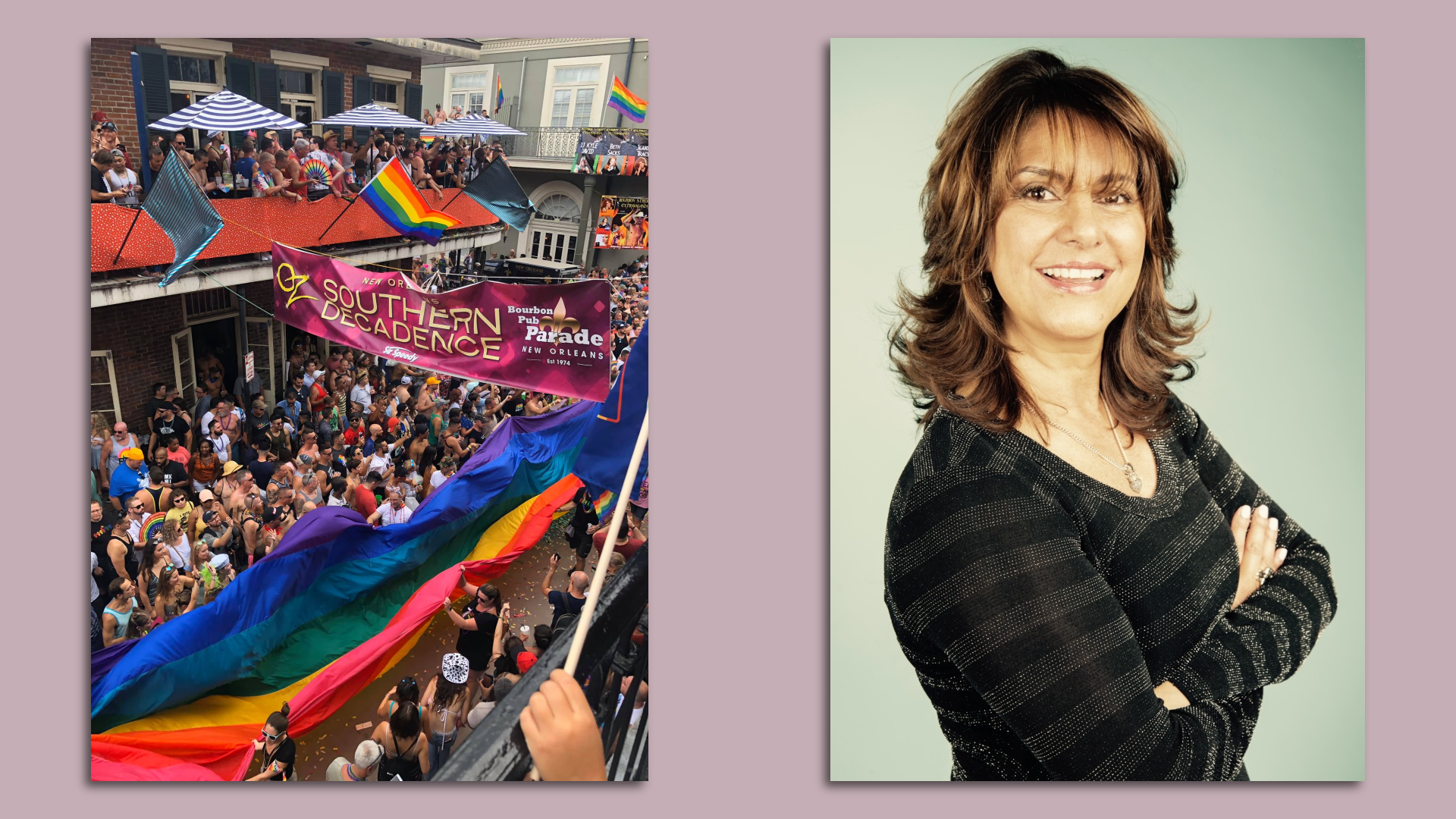 At left, a photo of Bourbon Street filled with people celebrating Southern Decadence in front of the Bourbon Pub. At right, a headshot of Sandy Sachs.