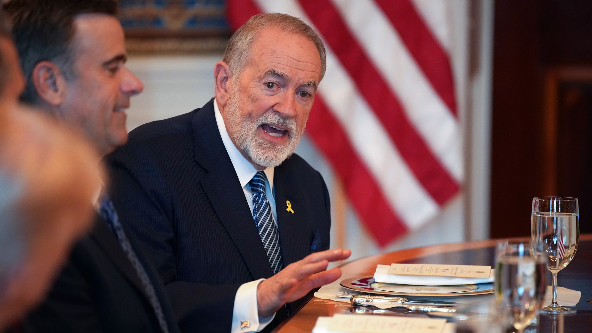 U.S. Ambassador to Israel Mike Huckabee delivers remarks as President Donald Trump hosts Israeli Prime Minister Benjamin Netanyahu for a dinner in the Blue Room of the White House on July 7, 2025, in Washington, DC. Trump is hosting Netanyahu to discuss a potential ceasefire agreement to end the fig