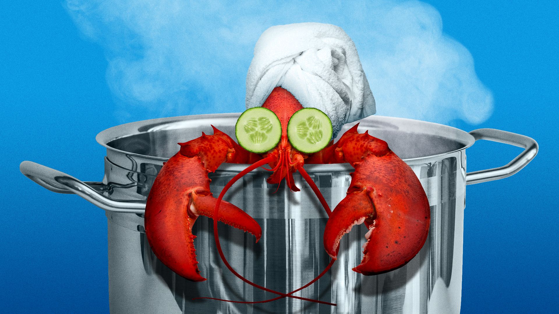 Illustration of a lobster steaming in a boiling pot while wearing a spa towel and cucumbers over its eyes. 