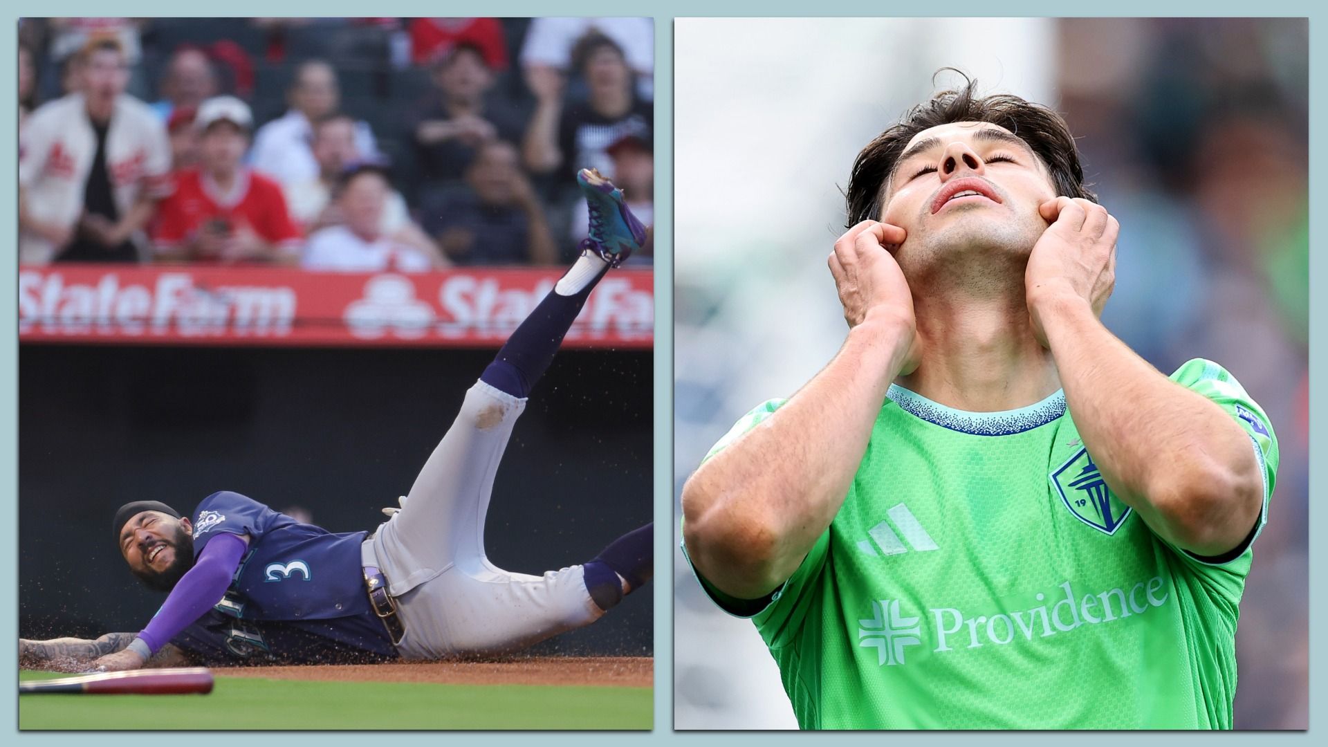 A Mariners player sprawls on the dirt after a fall, left, while a Sounders player tilts his head back with his hands on his face.