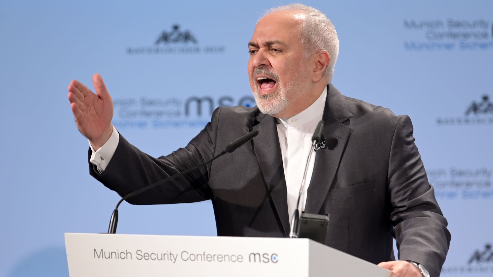 Iranian Foreign Minister Zarif speaking from a lectern