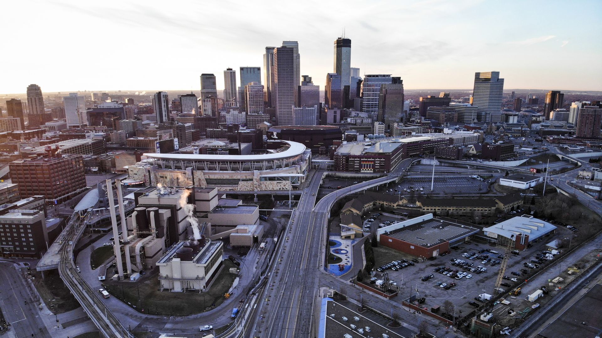 downtown minneapolis from the sky with freeways fairly empty