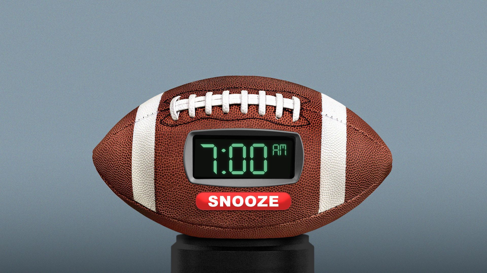 Illustration of a football shaped alarm clock with a big "snooze" button