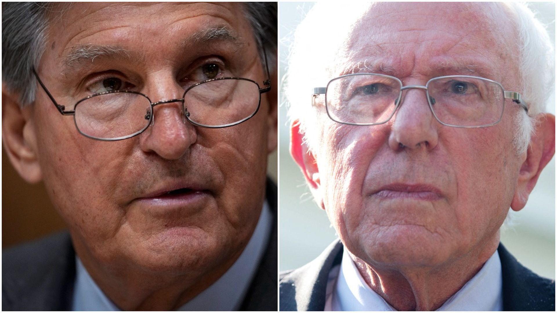 Close-up pictures of Sens. Joe Manchin (D-W.Va.) and Bernie Sanders (I-Vt.)