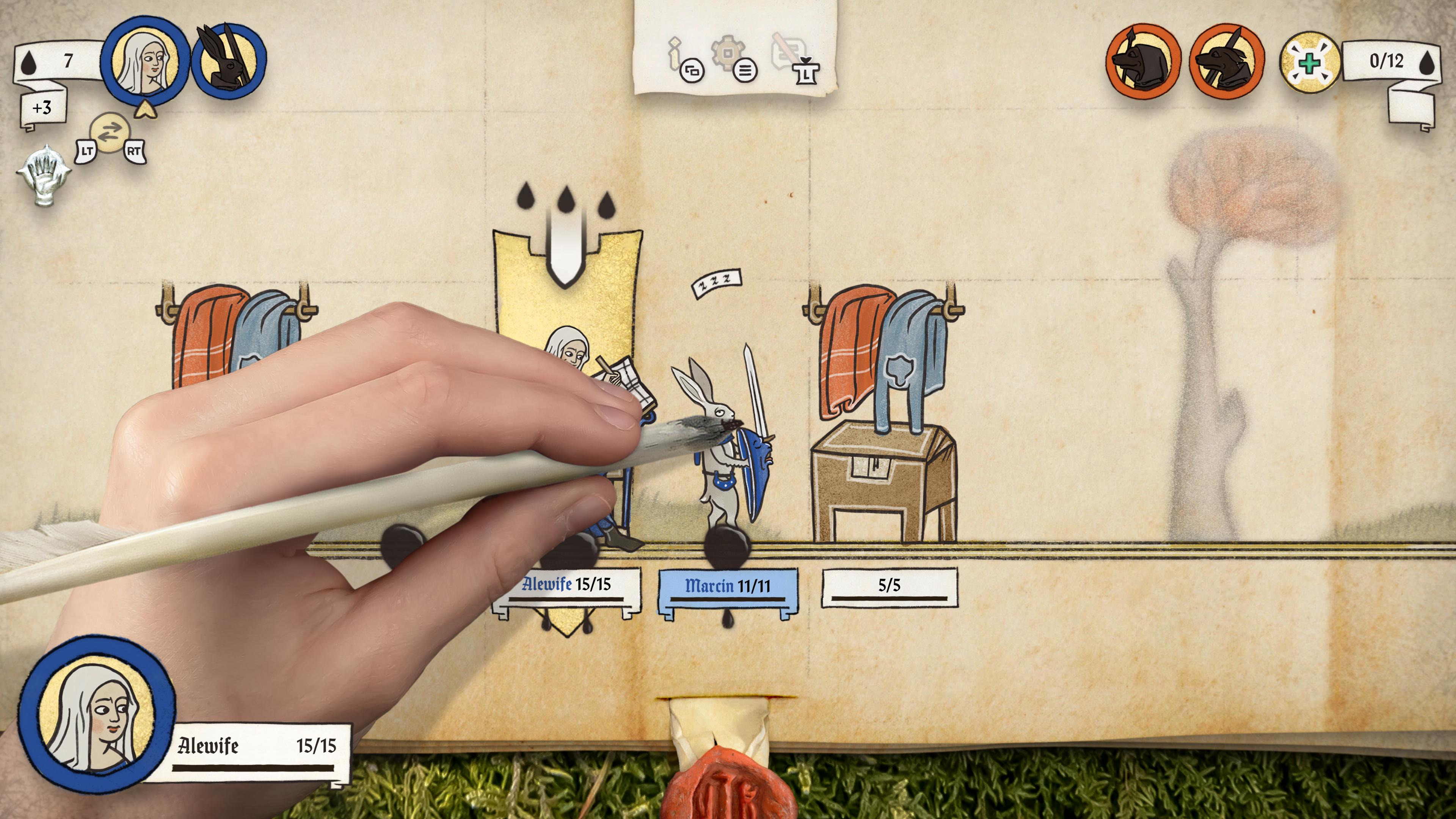 Video game screenshot of a person's hand drawing rabbit soldiers onto a parchment scroll