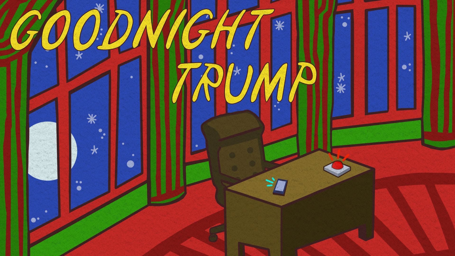 An illustration of a book cover titled "Goodnight Trump" that mirrors "Goodnight Moon"
