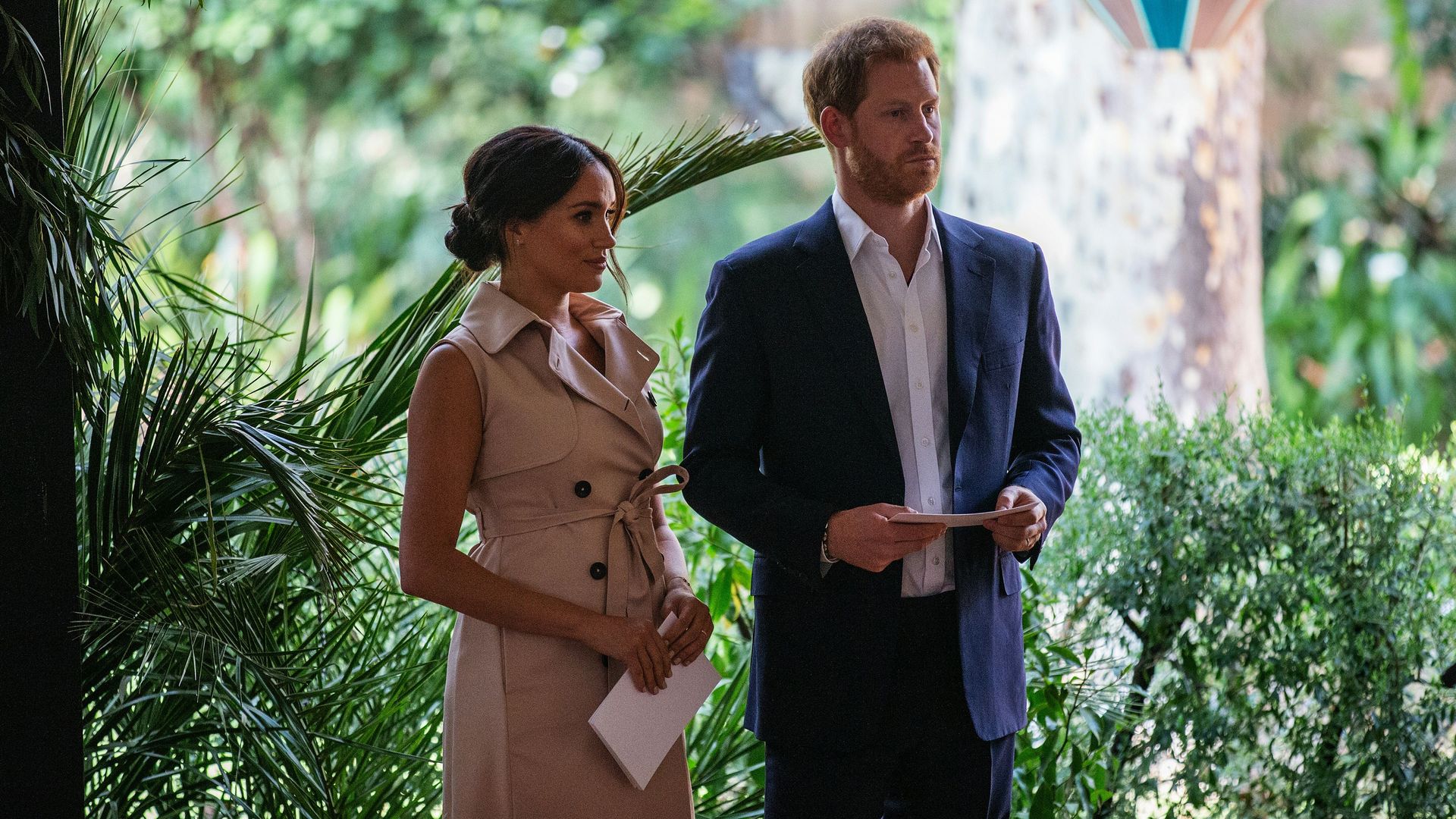 In this image, Prince Harry and Meghan Markle stand 