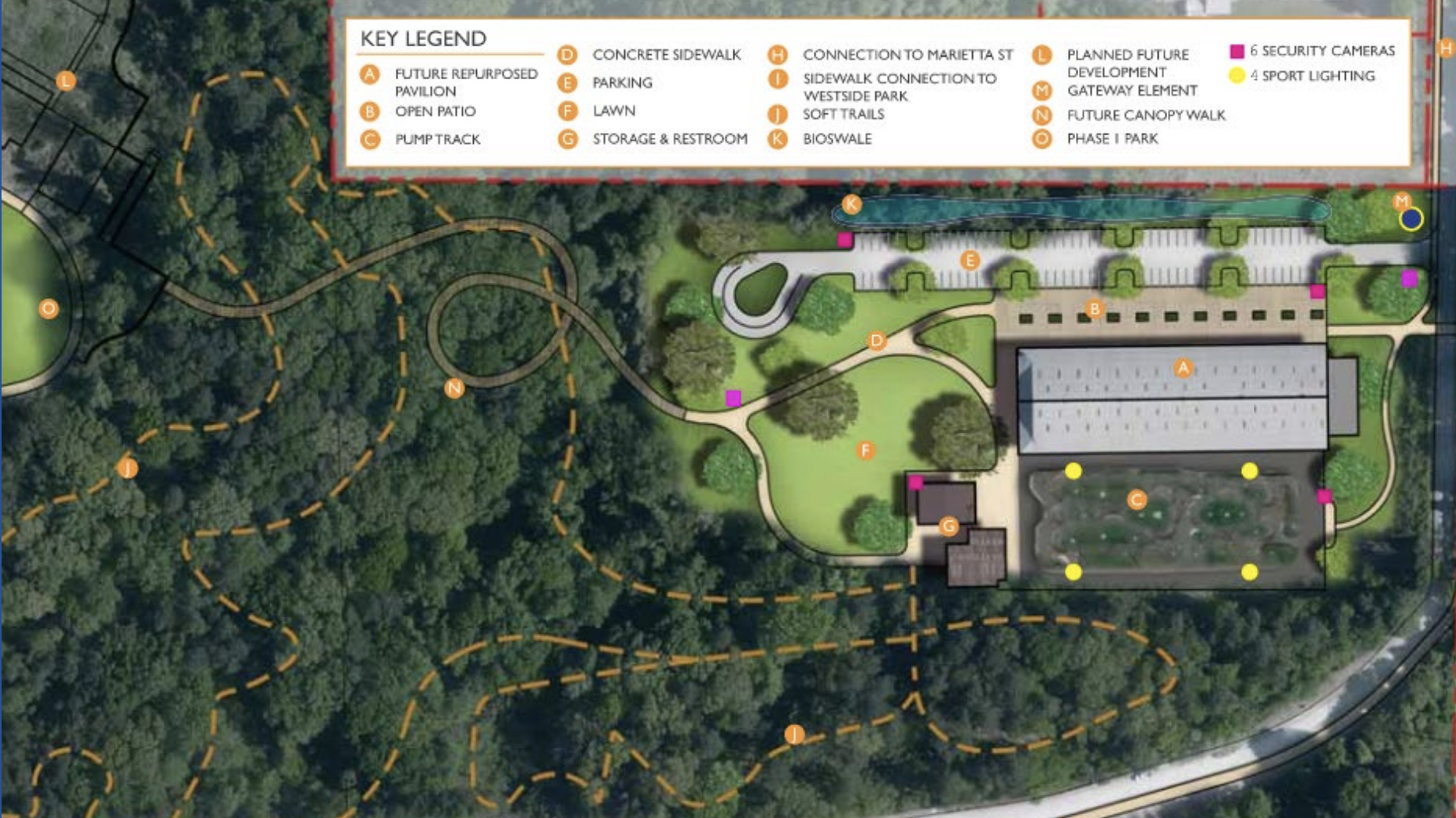 An aerial layout of a proposed mountain biking facility in a dense thick forest with a pavilion, greenspace and other features