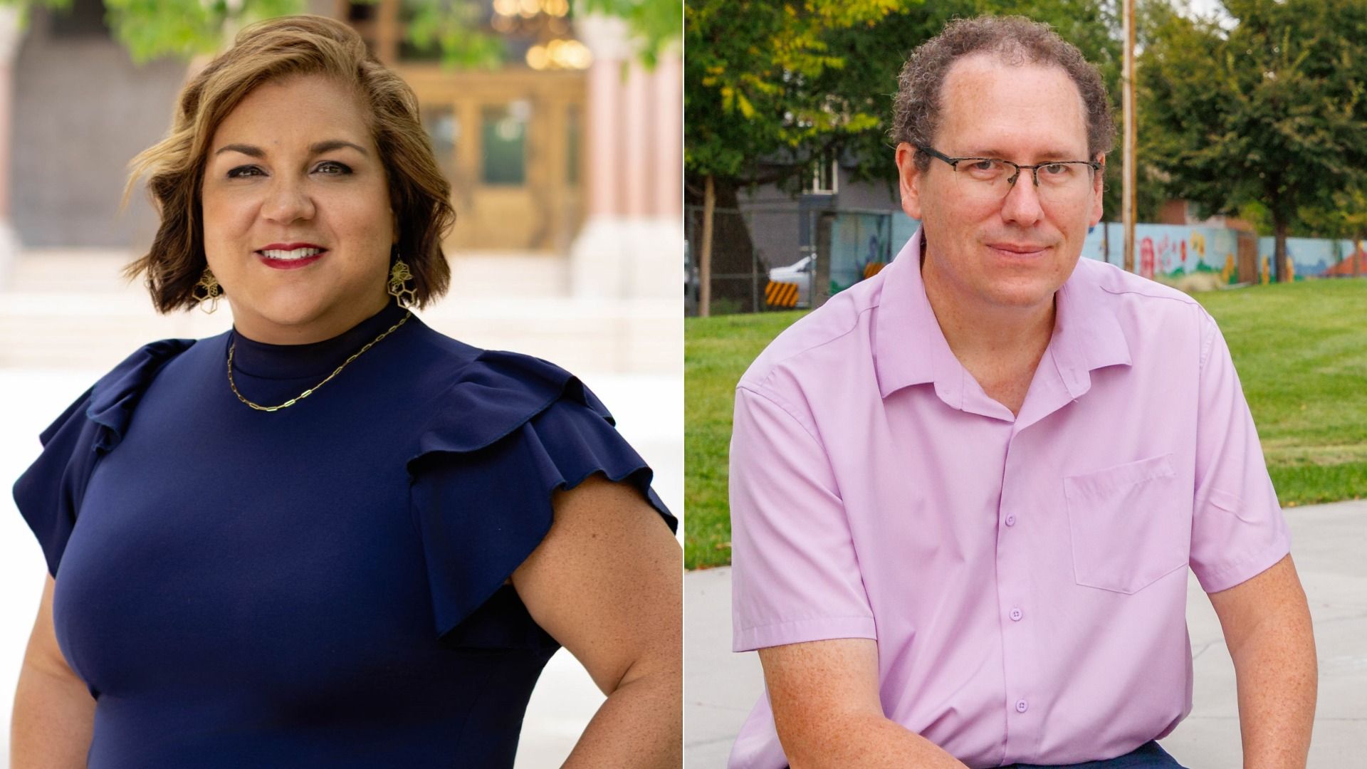 Side-by-side images of a woman in a navy ruffled sleeve top with gold earrings and necklace, smiling outdoors, and a man in a light purple short-sleeve shirt sitting in a park with trees.