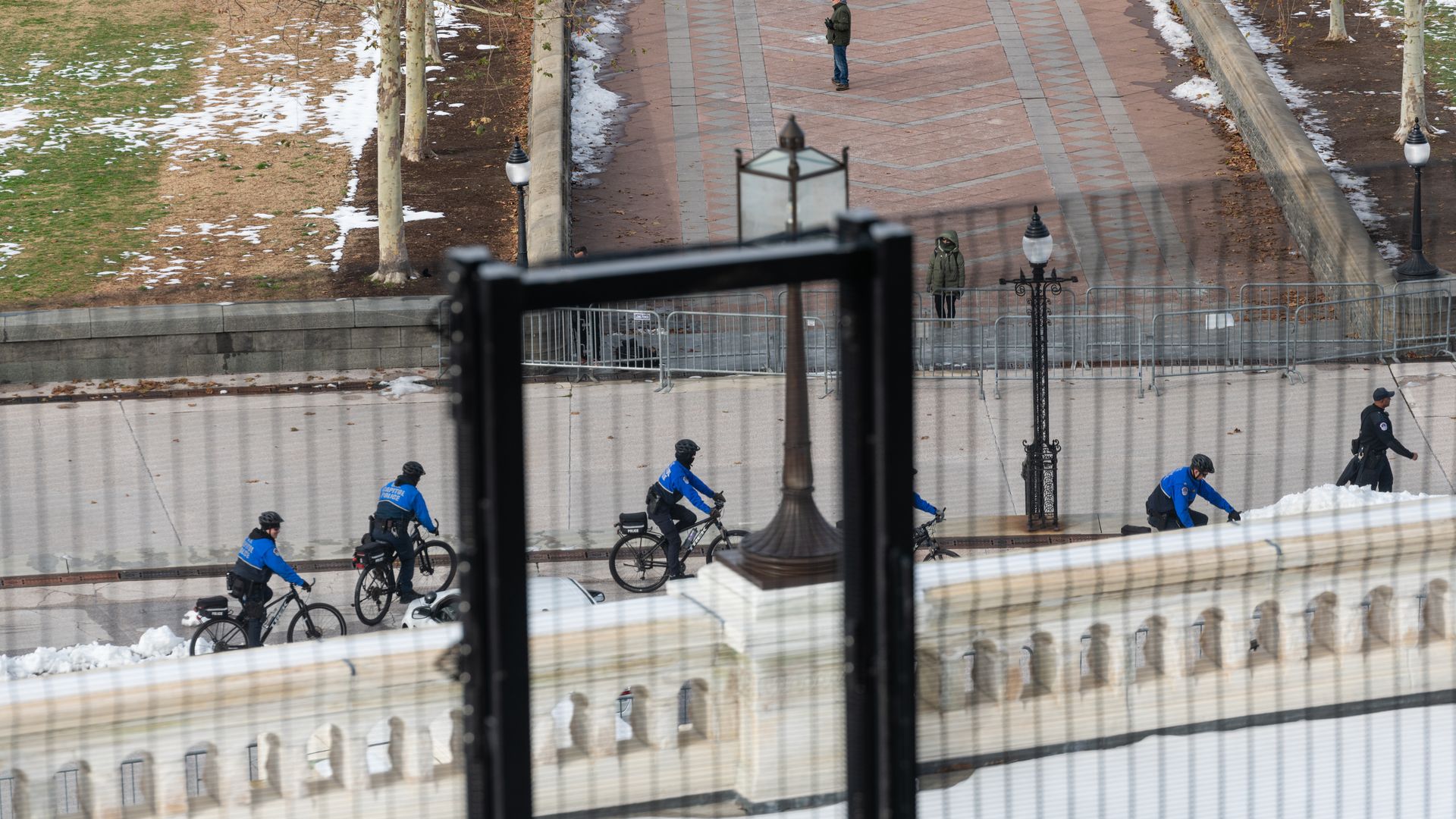 U.S. Capitol Police patrol on the first anniversary of the deadly insurrection at the U.S. Capitol in Washington, D.C.