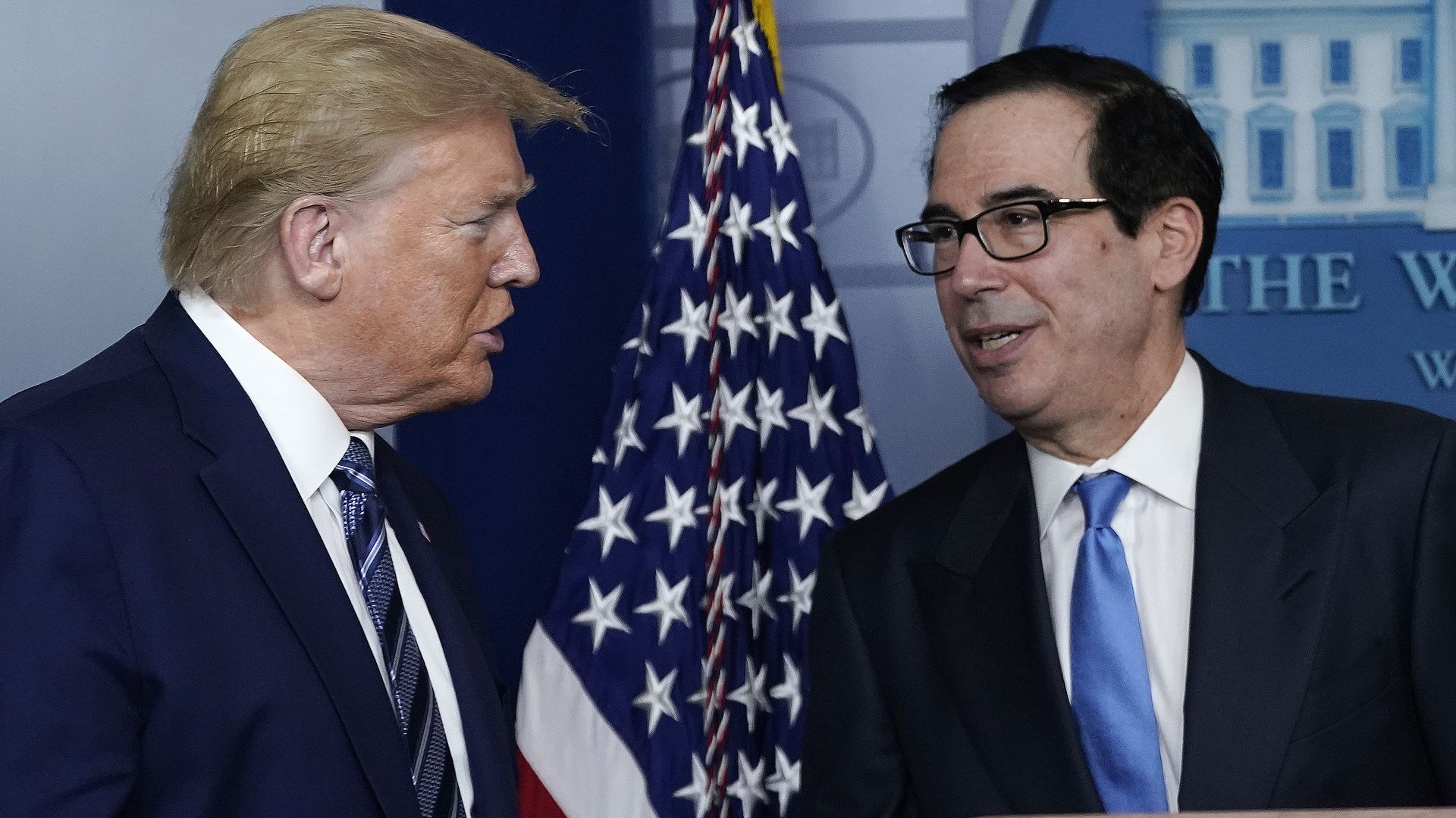 Trump and Treasury Secretary Steven Mnuchin participate in the daily coronavirus task force briefing at the White House on April 21, 2020 in Washington, DC