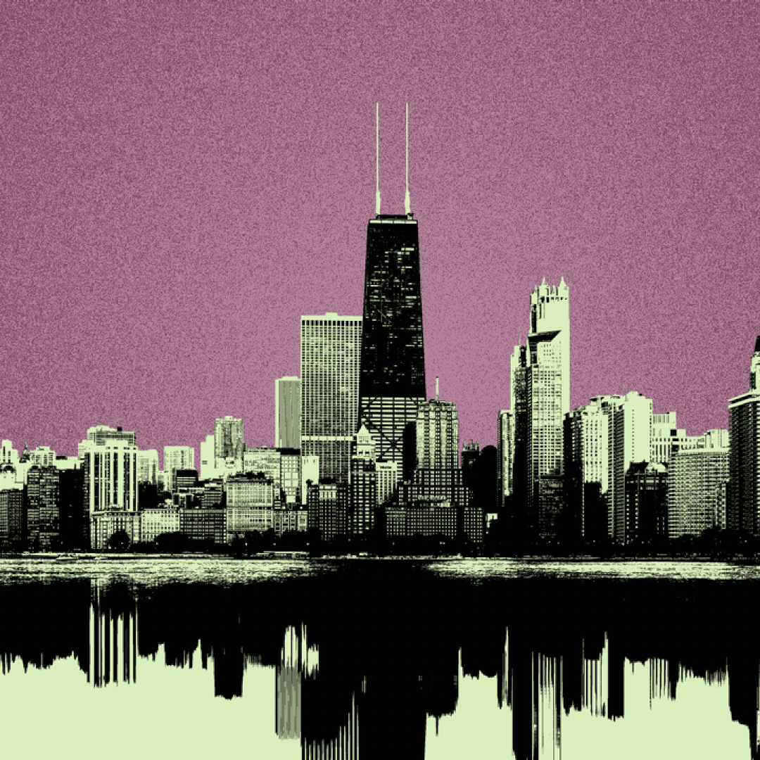 Illustration of the Chicago skyline with word balloons filled with exclamation points popping up over it.