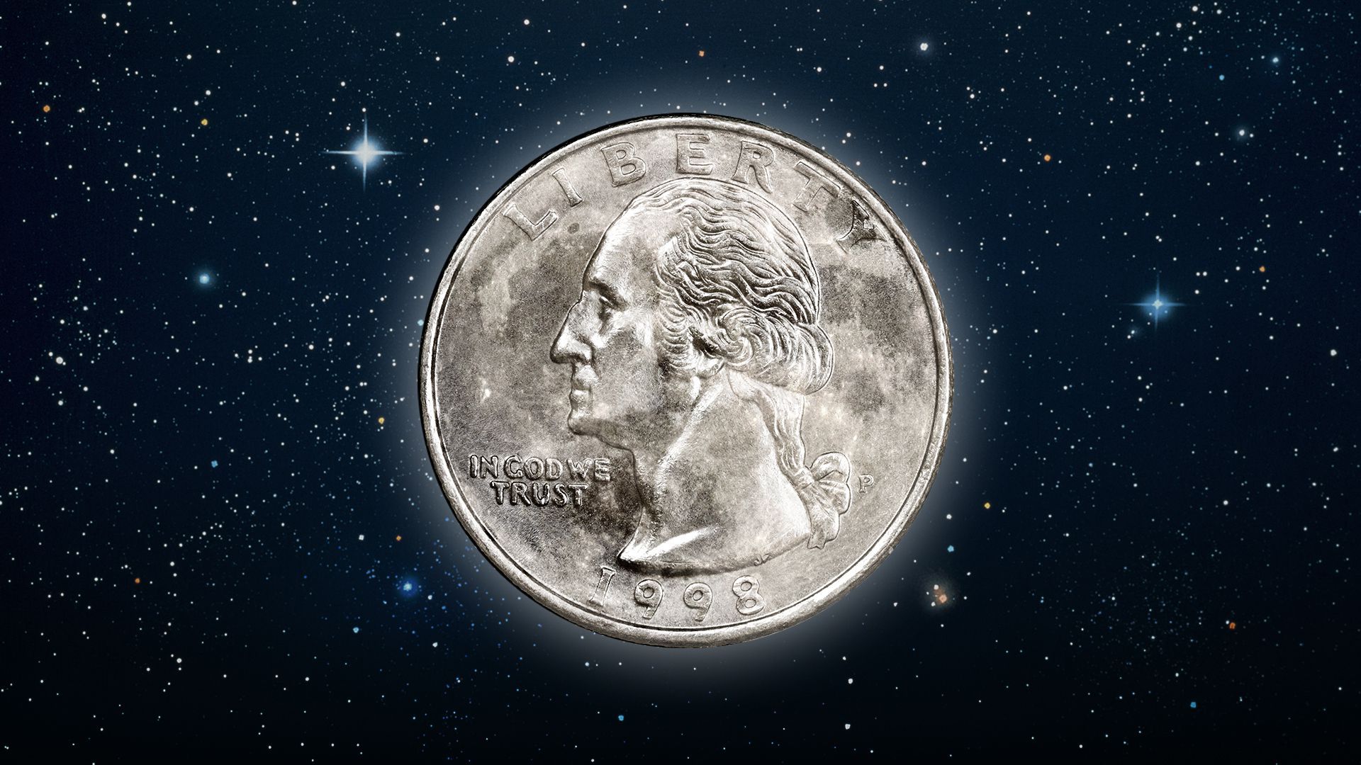 Illustration of a U.S. quarter with moon texture glowing in the starry night sky 