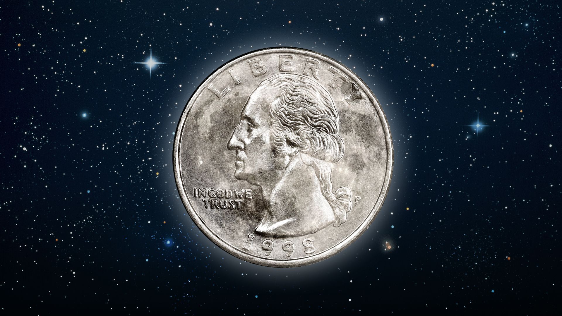 Illustration of a U.S. quarter with moon texture glowing in the starry night sky