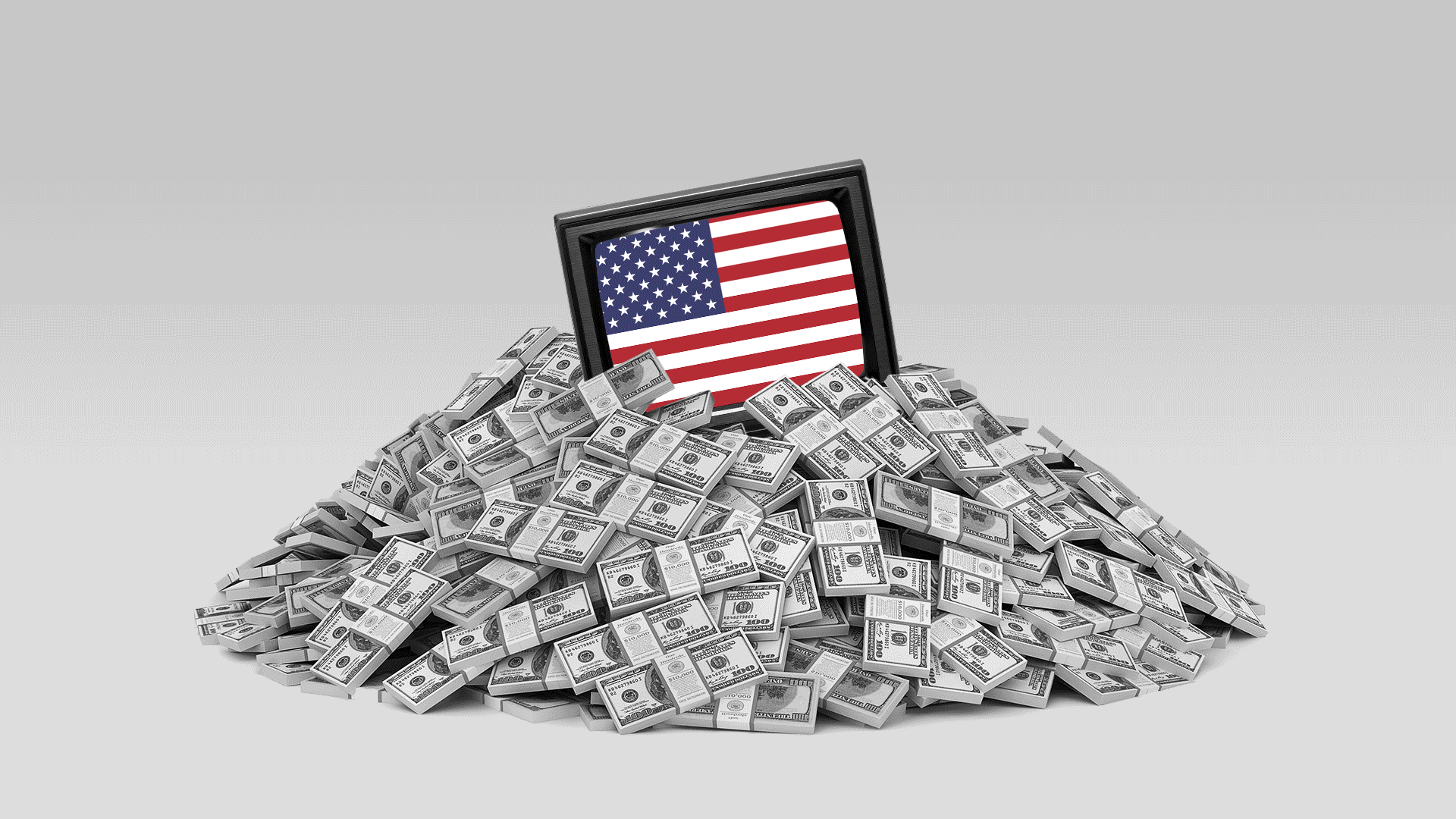 A broken television screen with the US flag sits on top a pile of money.