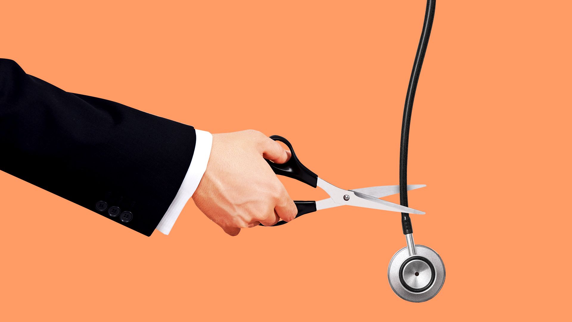 Illustration of a hand cutting a stethoscope with a pair of scissors.
